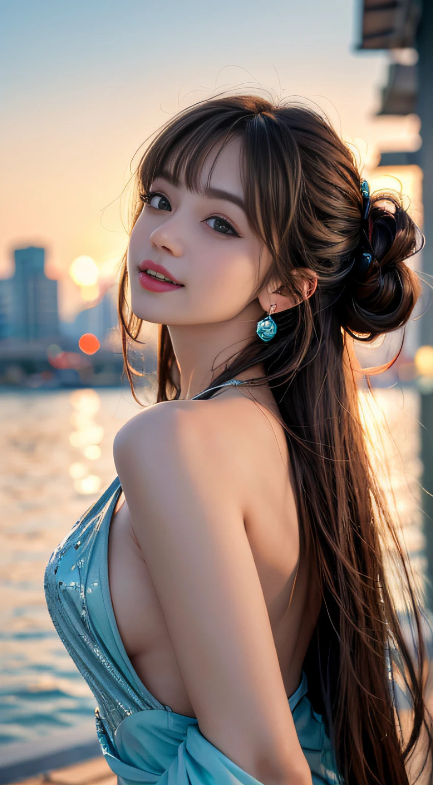 1girl, silver hair, brown hair, blunt bangs, floating hair, long hair, kamina shades, aqua eyes, pupils sparkling, longeyelashes, earrings, makeup, smile, parted lips, depth of field, first-person view, from behind, from side, upside-down, f/1.8, 135mm, Canon, UHD, retina, masterpiece, ccurate, anatomically correct, textured skin, super detail, high details, high quality, best quality, highres, 1080P, HD, 4K, 8k