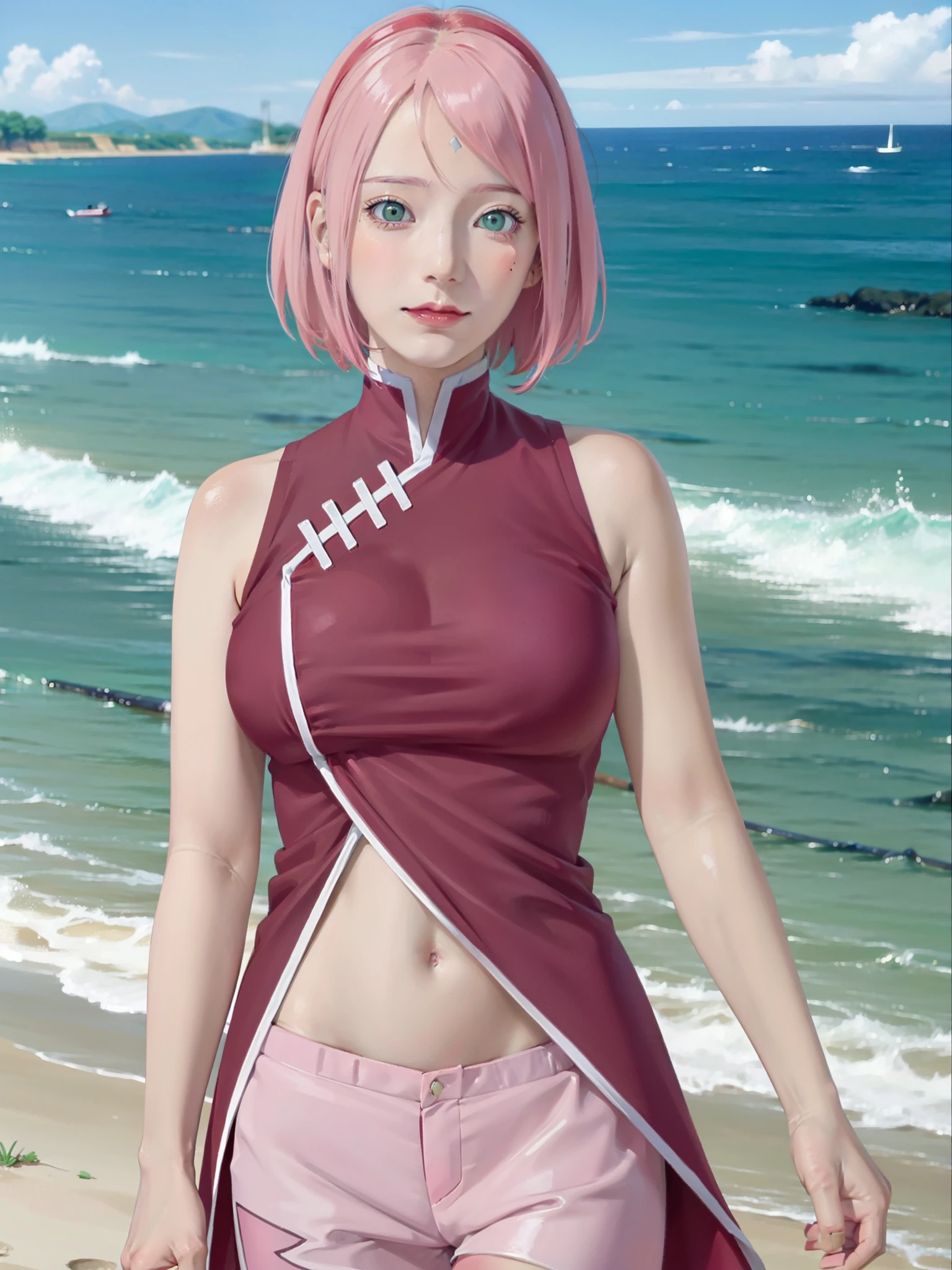 1girl, sakura in anime boruto, short hair, pink hair, green eyes, smile, beautiful, sexy dress, sexy clothes, red clothes, very big breast, realistic clothes, detail clothes, outdoor background, ultra detail, realistic