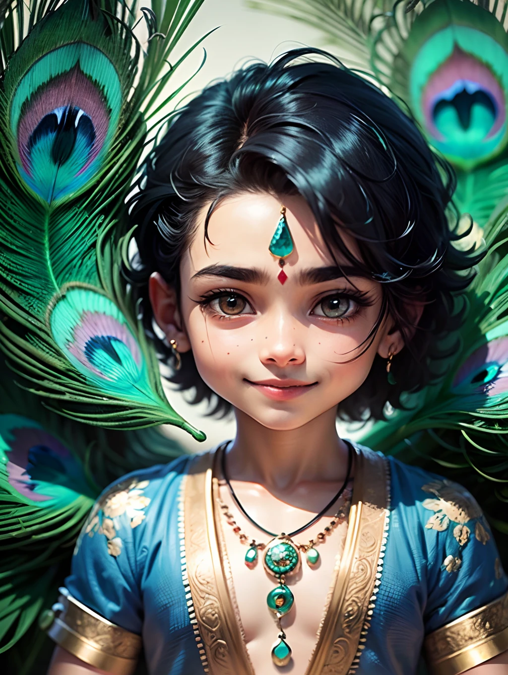 Cute little Krishna with his charming blue skin and black hair, with a mischievous grin, the peacock-feather in his black hair --auto --s2