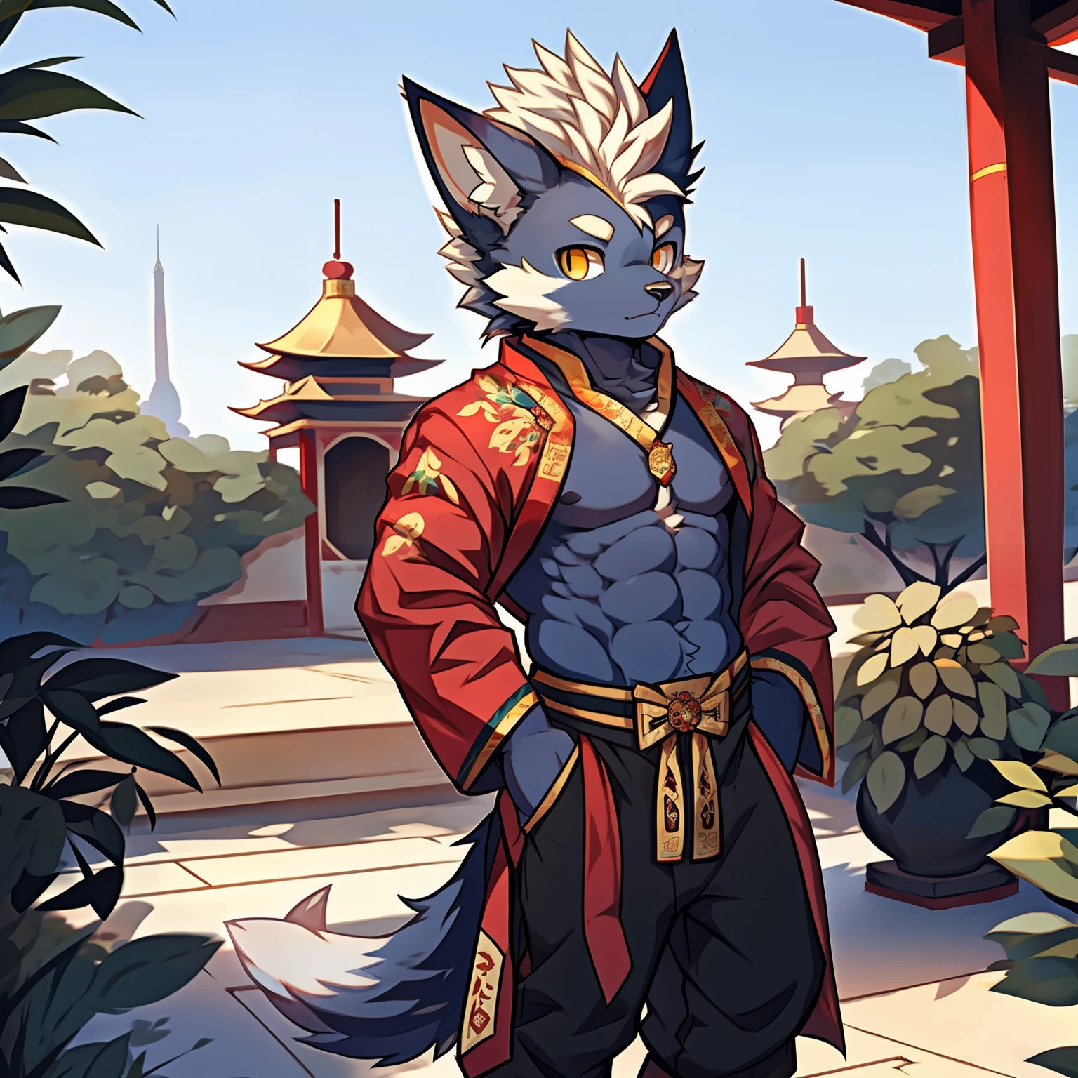 Best quality, Young, , Furry, Solo, Male Wilf: 1.5, Black colored skin:1.3, Black fur:1.3, Yellow eyes, Muscular body, Abs, Wearing Chinese robe, Topless, Standing in the garden of royal palace, Mohawk hair, Detailed fur, Detailed cloths, Furry animal ears, Humanoid hand, Wearing Chinese style pants.