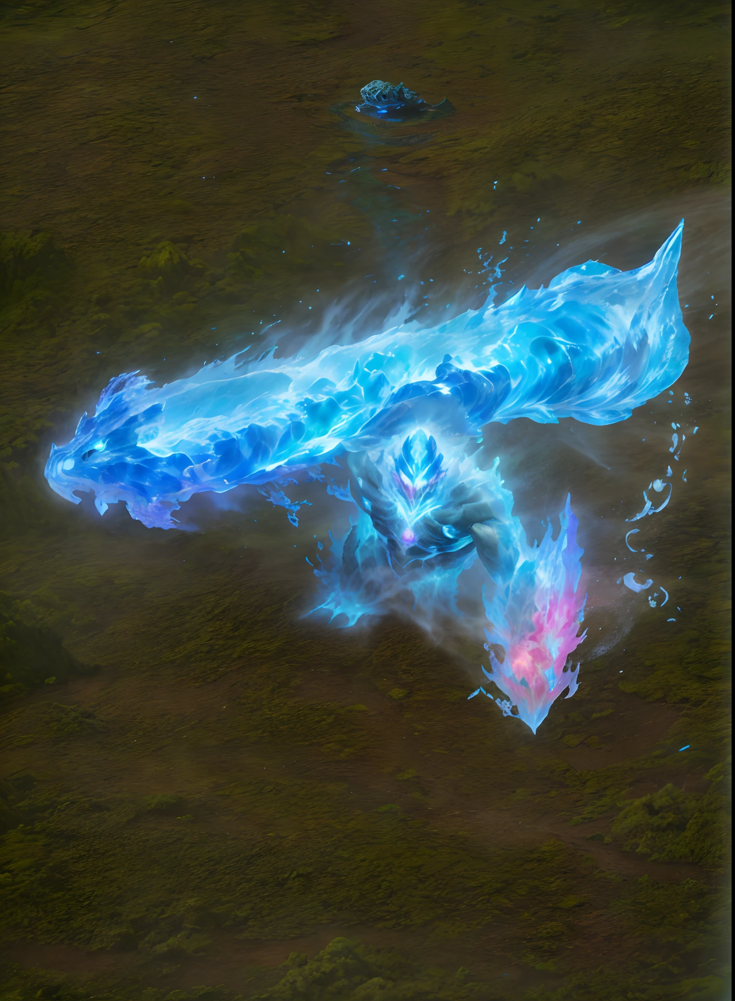 There was a man playing with a giant blue object。, luminous water elemental, iridescence water elemental, Protoss!!!!, Protoss!!, Protoss, infused with zerg hydralisk, zerg hydralisk, detailed hot maw, giant ethereal creature, raziel irl, serpentine water monster, Ice Mage, swamp monster of ice