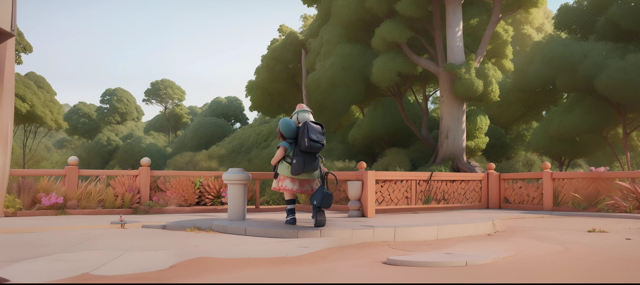 There is a poster with a cartoon character in a hat and backpack, female explorer mini cute girl, walking in the wilderness, flower jungle, animation style rendering, cute 3 D rendering, small characters. Unreal Engine 5, stylized anime, cute detailed digital art, Atey Ghailan 8 K, stylized 3D rendering, adventure surreal rendering, anime style 3D, 3D rendering stylized