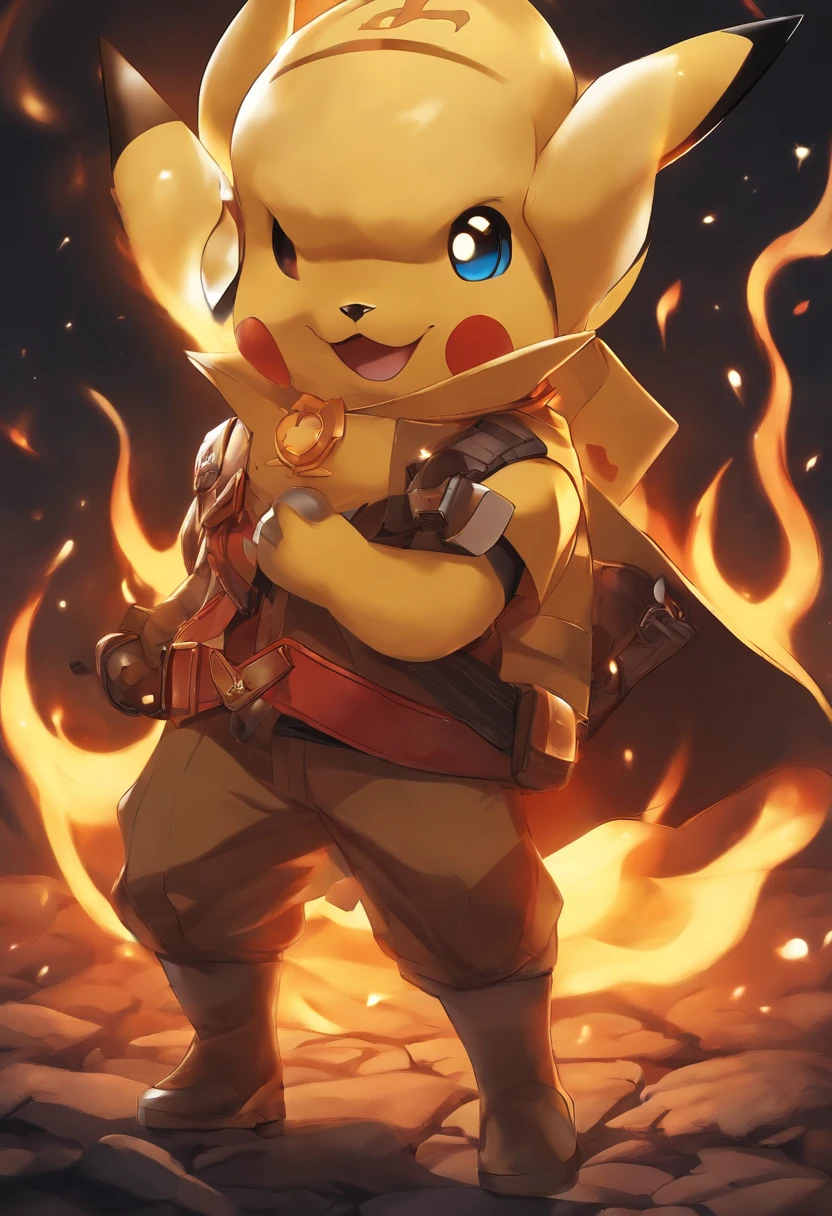best qualityer, illustration, Pikachu ,beautiful detailed brightness,(flame of war:1.2),Detailed lighting,(美丽细致的眼睛:1.1),Happy emoji, full bodyesbian