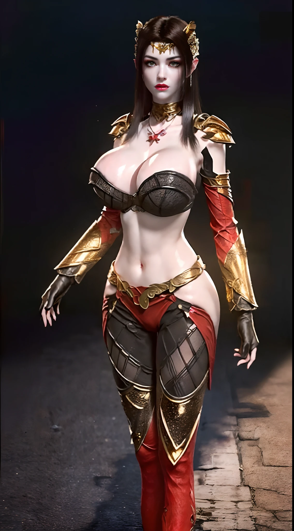 Solo, 1 Beauty, Wuxia World, headwear, (1 Girl), (full image:1.5), (Full red gold armor:1.5), (tight leggings:1.3), (standing:1.8), (huge fake breasts:1.5), (gloves:1.3), (abdominal muscles:1.2), (dark hair:1.5), (big butt:1.3), (gloss skin:1.3), Chinese Immortal Wuxia, Lips, (battlefield background:1.2), ( jealous), Intellectual, Smooth Face, Masterpiece, Best Quality, High Quality, High Definition, High Quality Texture, High Quality Shadows, High Detail, Cinematic Light, Side Lighting, Ray Tracing, Sharp Focus, Realistic, Edge Light, (Skin Details Detailed:1.2), 8k uhd, SLR, (soft light, high quality, high resolution:1.7), (highly detailed CG unity 8k wallpaper).