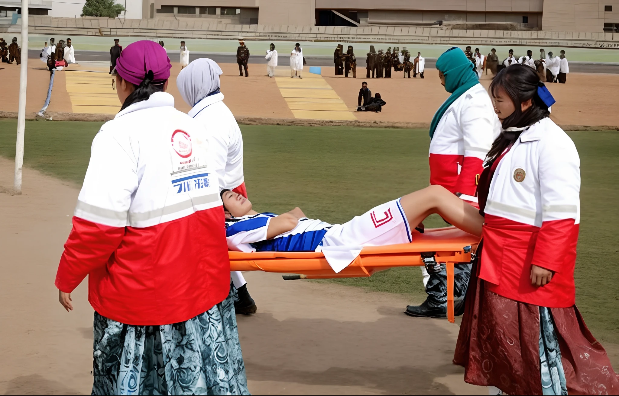 the policewoman holds the stretcher in her hands, the policewoman grabs the handles of the stretcher with her hands, the bearded man on the stretcher is visibly in pain, stadium atmosphere, the bearded man is lying flat on his back on the stretcher and has his arm draped over his face, A scene at a soccer stadium in Mongolia, a bearded man lying flat on his back on the stretcher with his arm over his face, lying flat on his back on the stretcher his arm is covering his bearded face, he has his arm over his bearded face while being carried on the stretcher, There is an attractive and heavily made-up Mongolian female police officer in a long black leather coat, A Mongolian female police officer in a shiny black leather coat on a soccer field, A Mongolian female police officer is holding a stretcher, A man is lying on the soccer stadium his back with his torso on the right in matt and roughened white and red sportswear on a stretcher, a man lies on a stretcher and has his left arm bent over his face, we only see the torso and thighs of the male athlete who is being carried with the stretcher to the left off the picture, the man lies on his back on the stretcher and covers his face with his bent left arm, the mongolian policewoman is exceptionally heavily made up and has an extremely desperate and very angry expression on her face, high-resolution photo, realistic sports photo, soccer scene, mongolia, mongolian policewoman, uniformed woman in black shiny long leather coat, injury scene, real photo, ultra realistic, high definition, sports photography