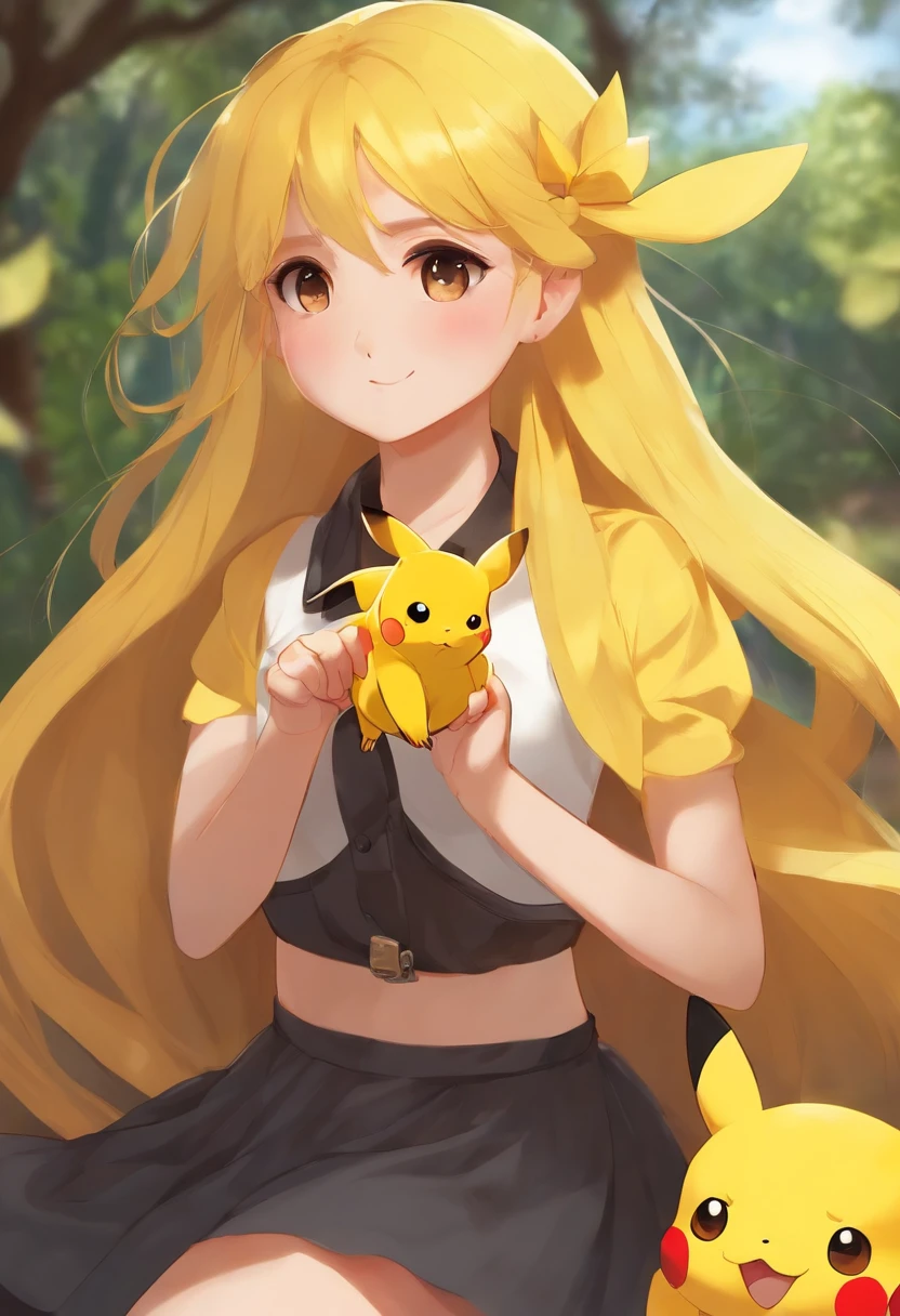 Long yellow hair, short skirt girl, holding Pikachu playful and cute