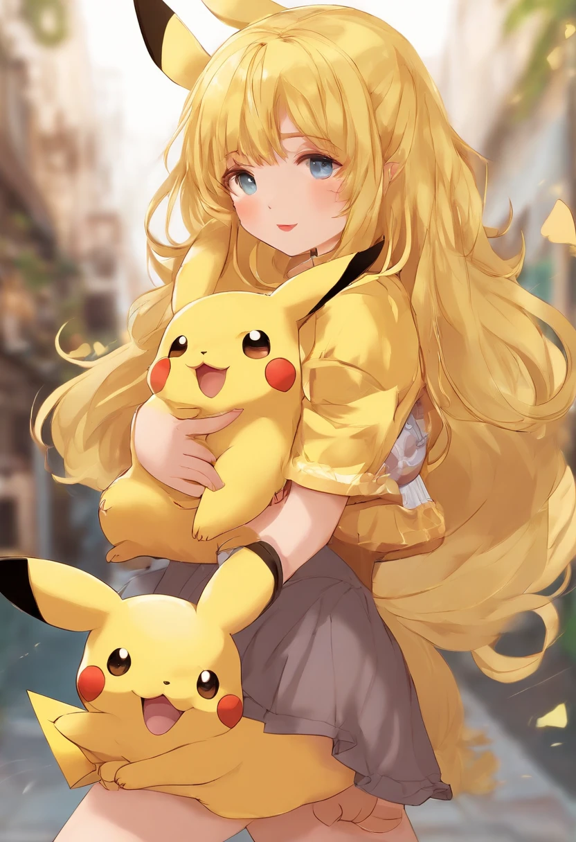 Long yellow hair, short skirt girl, holding Pikachu playful and cute