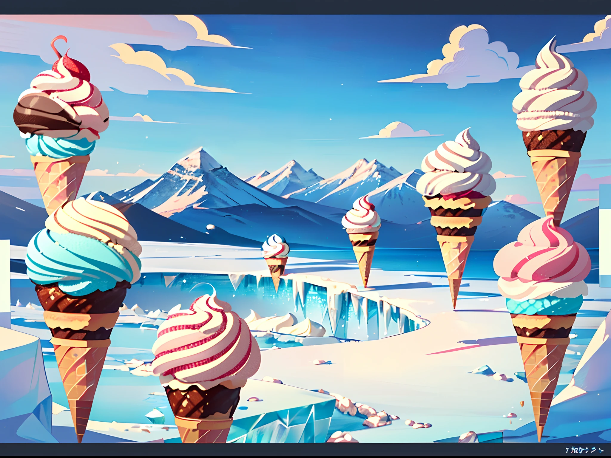 (Precise and unmatched illustrations:1.3), (kawaii, Cute, Tiny, chibi:1.3), (ice cream:1.4), (world made of colorful ice cream). An earth made of ice cream, a house made of ice cream cake, a mountain made of chocolate ice cream, a tree made of strawberry ice cream, (Best Quality), (masutepiece:1.3), Ultra-detailed,