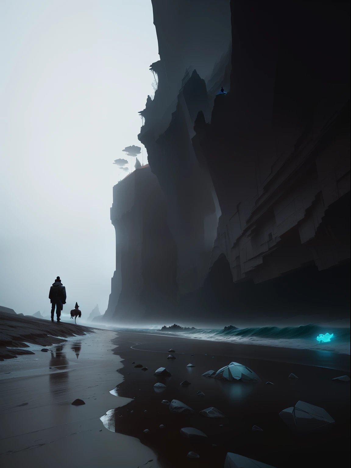 There was a man and a dog standing on the beach, author：Christopher Balaskas, Inspired by Michal Karz, inspired by Michał Karcz, Inspired by Christopher Balaskas, inspired by Igor Kieryluk, bastien grivet, photorealistic dark concept art, Cinematography concept art, matte digital painting, adventure hyper realistic render