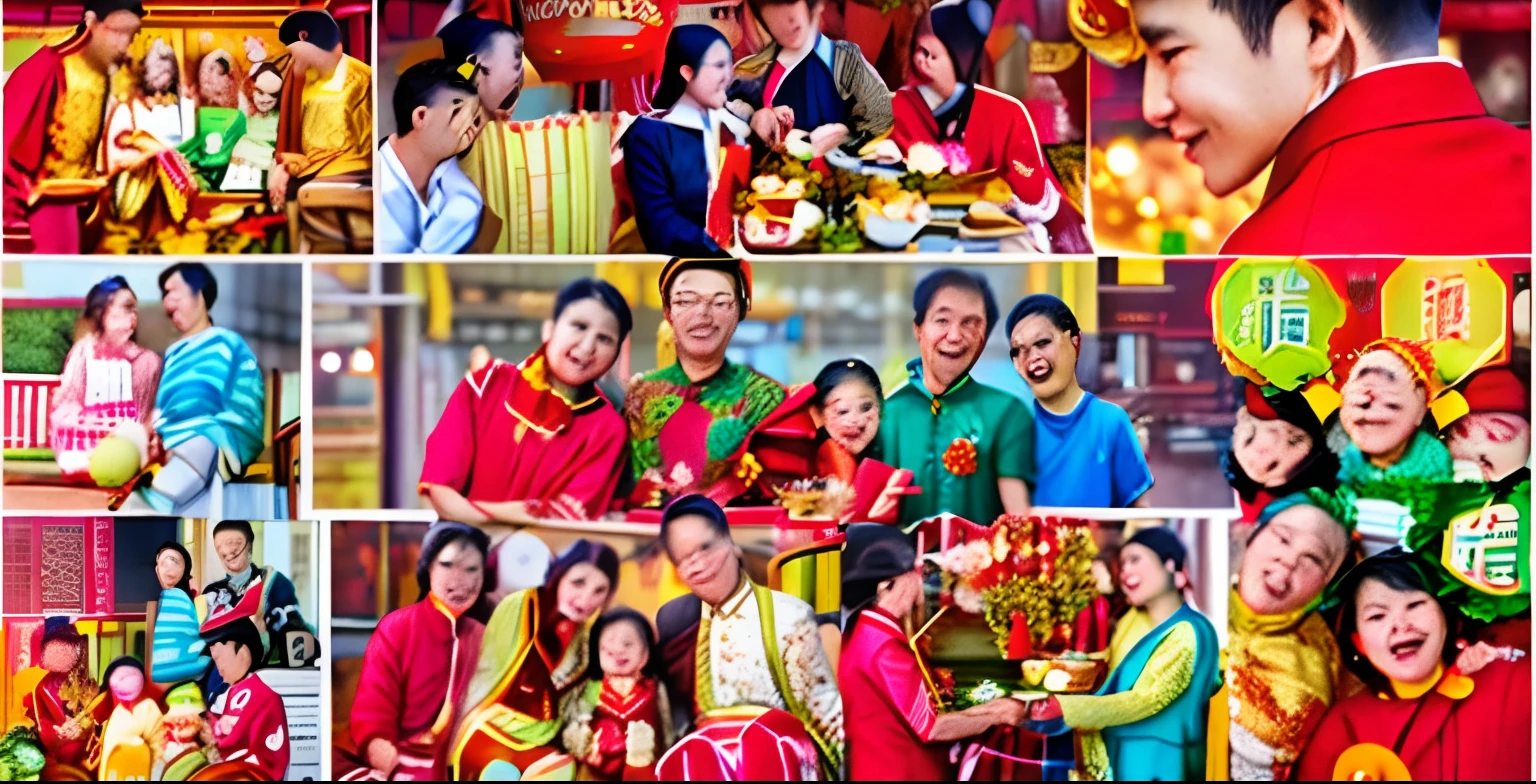 A collage of Aalfed celebrating Chinese New Year with a family, advertisement picture, Heartwarming, Family, Grand!, warm and joyful atmosphere, Full image, Uptrend ，, coloured photo, snapshot, photo collage, photo collage, marketing photo, Chinese tradition, Happy family, promo image, Compassionate, Wonderful, advertising photograph, 1 9th, Cheerful ambiance, album, Viral image, screen shot
