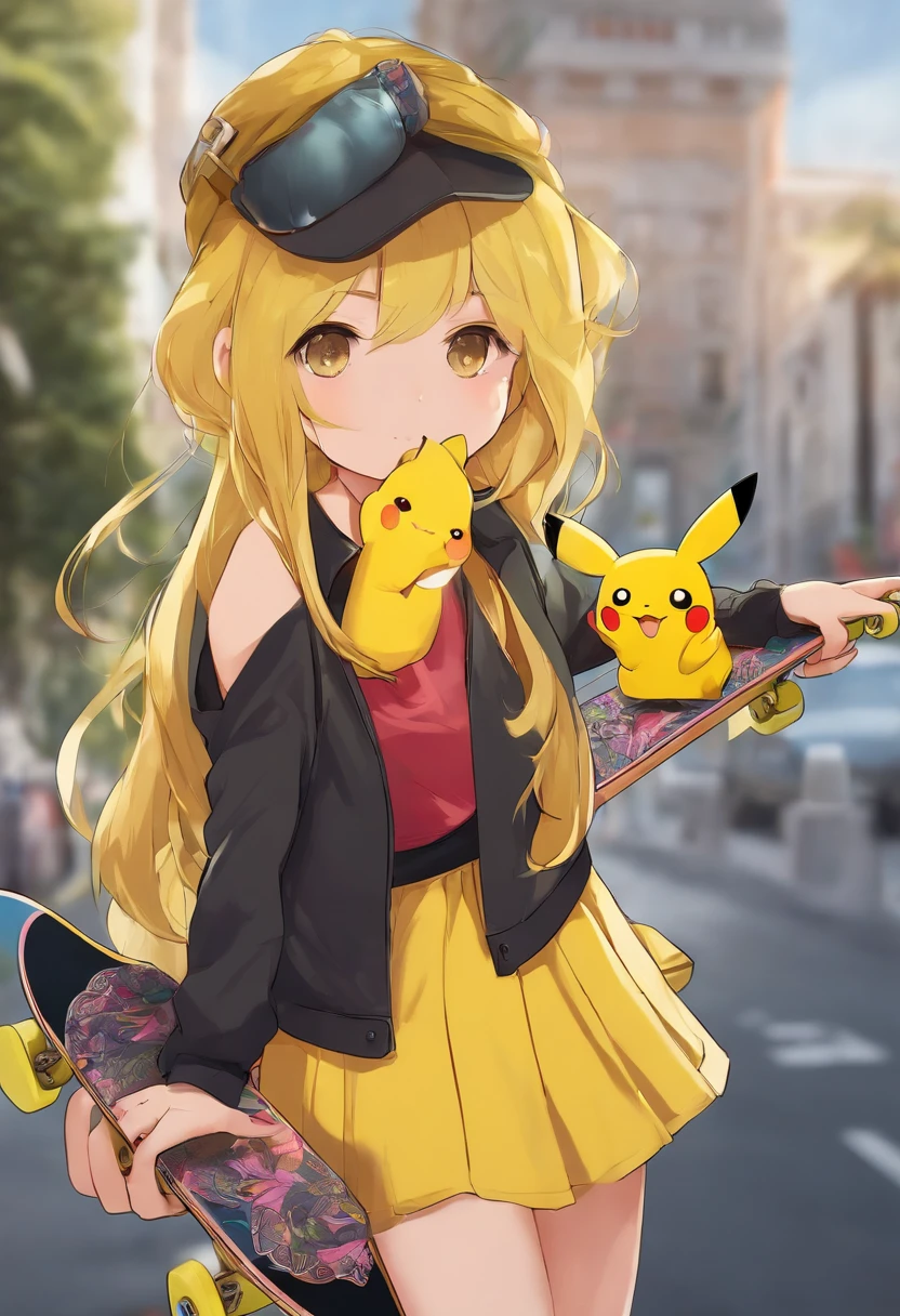 Skateboard, yellow hair, short skirt, girl, Pikachu