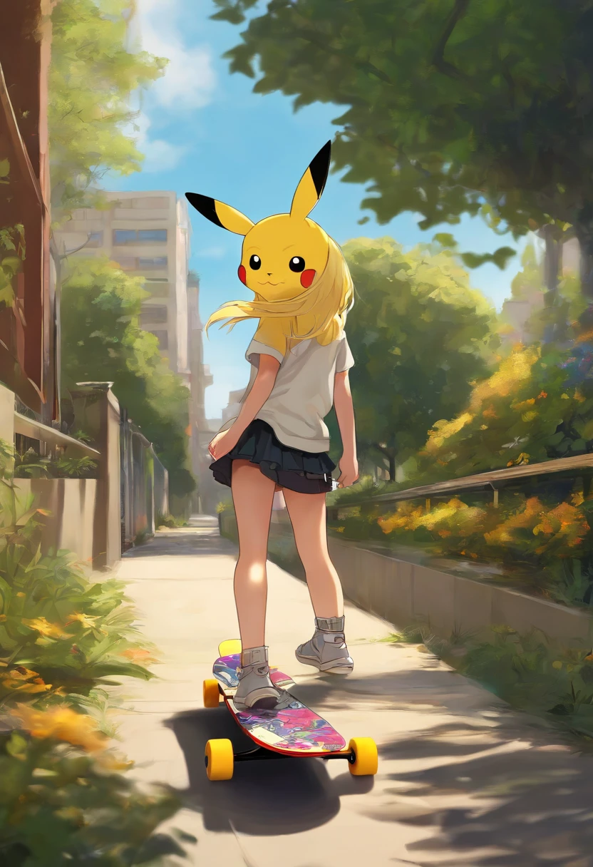 Skateboard, yellow hair, short skirt, girl, Pikachu