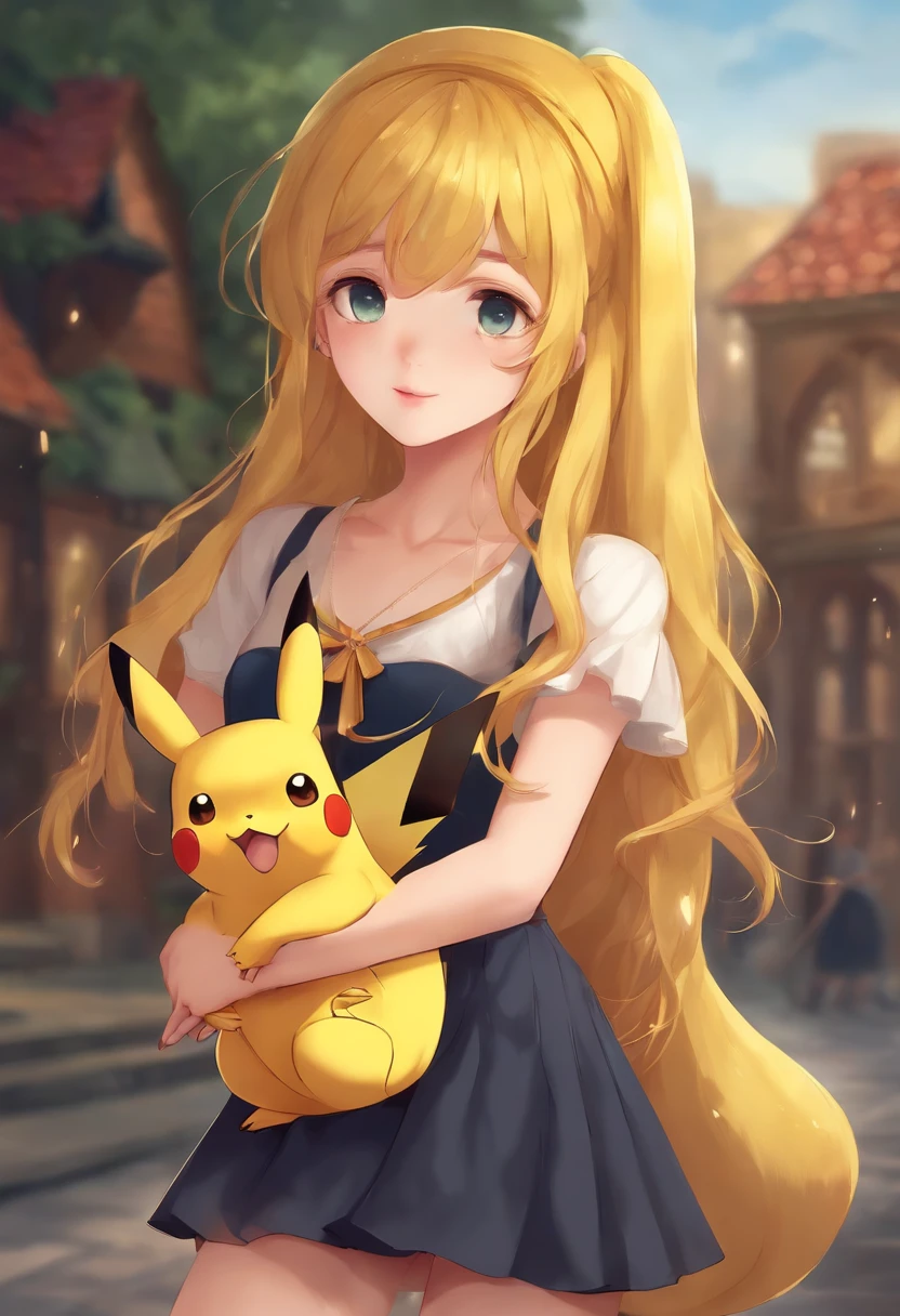 Girl with long yellow hair and short skirt holding a playful and cute Pikachu