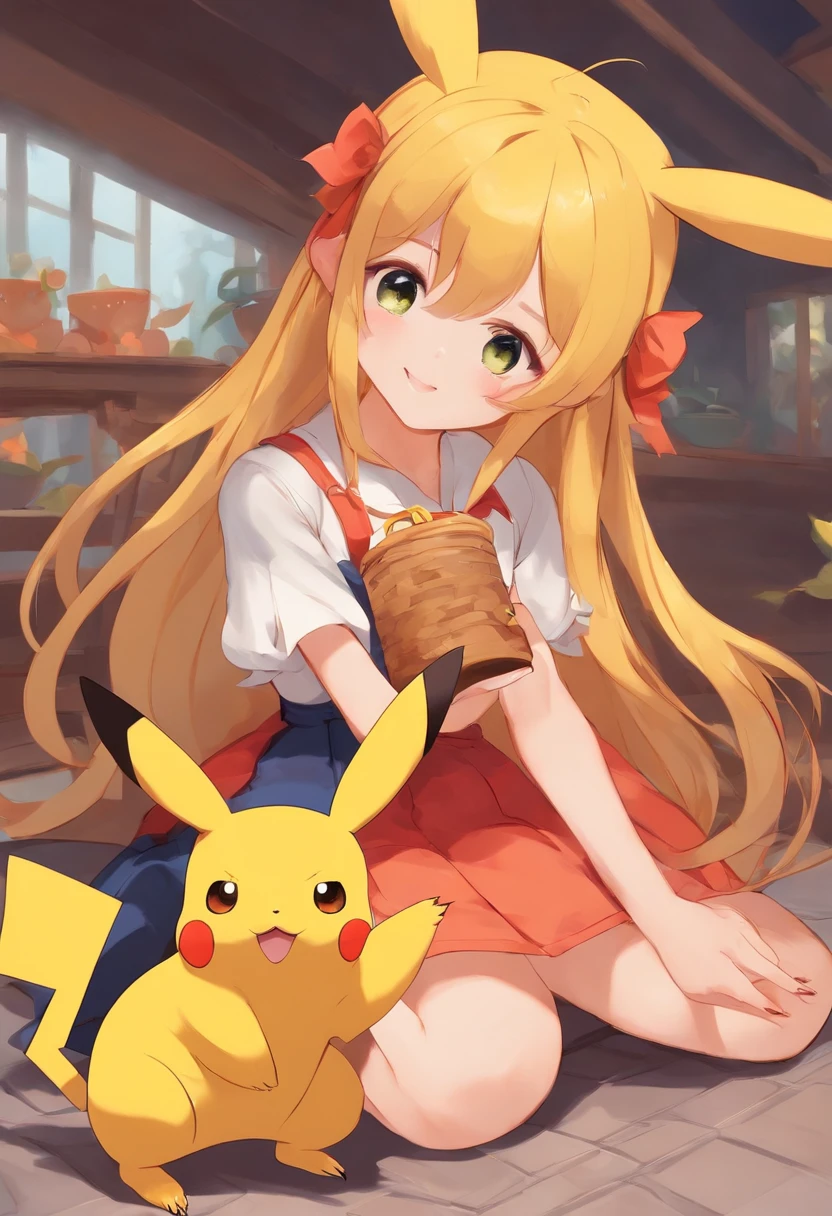 Girl with long yellow hair and short skirt holding a playful and cute Pikachu