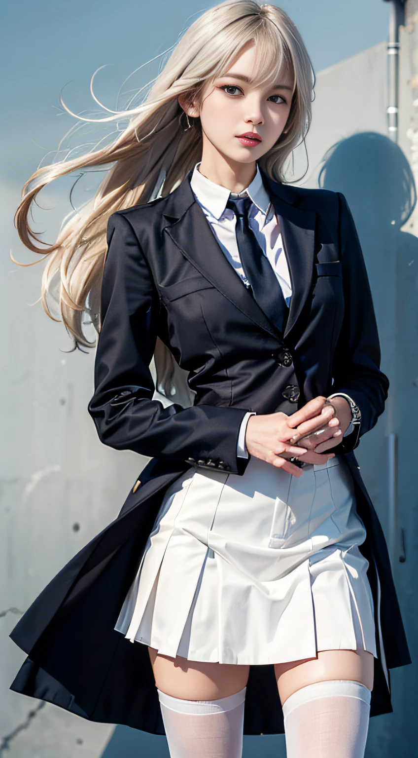 (Girl Standing In Office District)1girl in, Silver hair, Blunt bangs, Floating hair, Long hair, kamina shades, aqua eyes, PUPILS SPARKLING, longeyelashes, makeup, Smile, Parted lips, depth of fields, One-person viewpoint, F/1.8, 135 mm, canon, nffsw, retinas, masutepiece, ccurate, Anatomically correct, Textured skin, Super Detail, high details, High quality, Best Quality, hight resolution, 1080p, hard disk, 4K, 8K(Female School Uniform)、white shirt、neck tie、Flared skirt of check、Black Pantyhose King、high heeled shoes、skyscrapers in the background