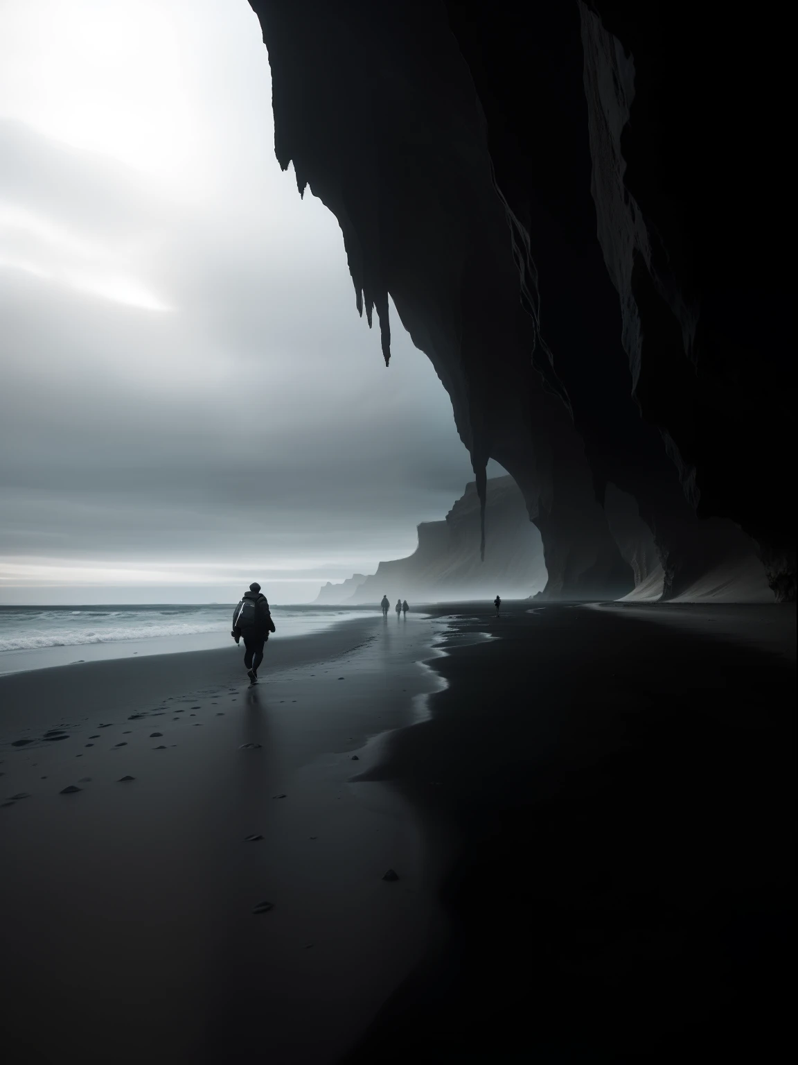 Two people walking on the beach near the water's edge, beautiful dark beach landscape, Beautiful dark landscape, Beautiful dark eerie scenery, sci-fi of iceland landscape, beach surreal photography, lost in a cave, iceland, Inspired by Michal Karz, Lost in the void, alien breathtaking landscape, Enter the unknown, inspired by Michał Karcz, Black sand