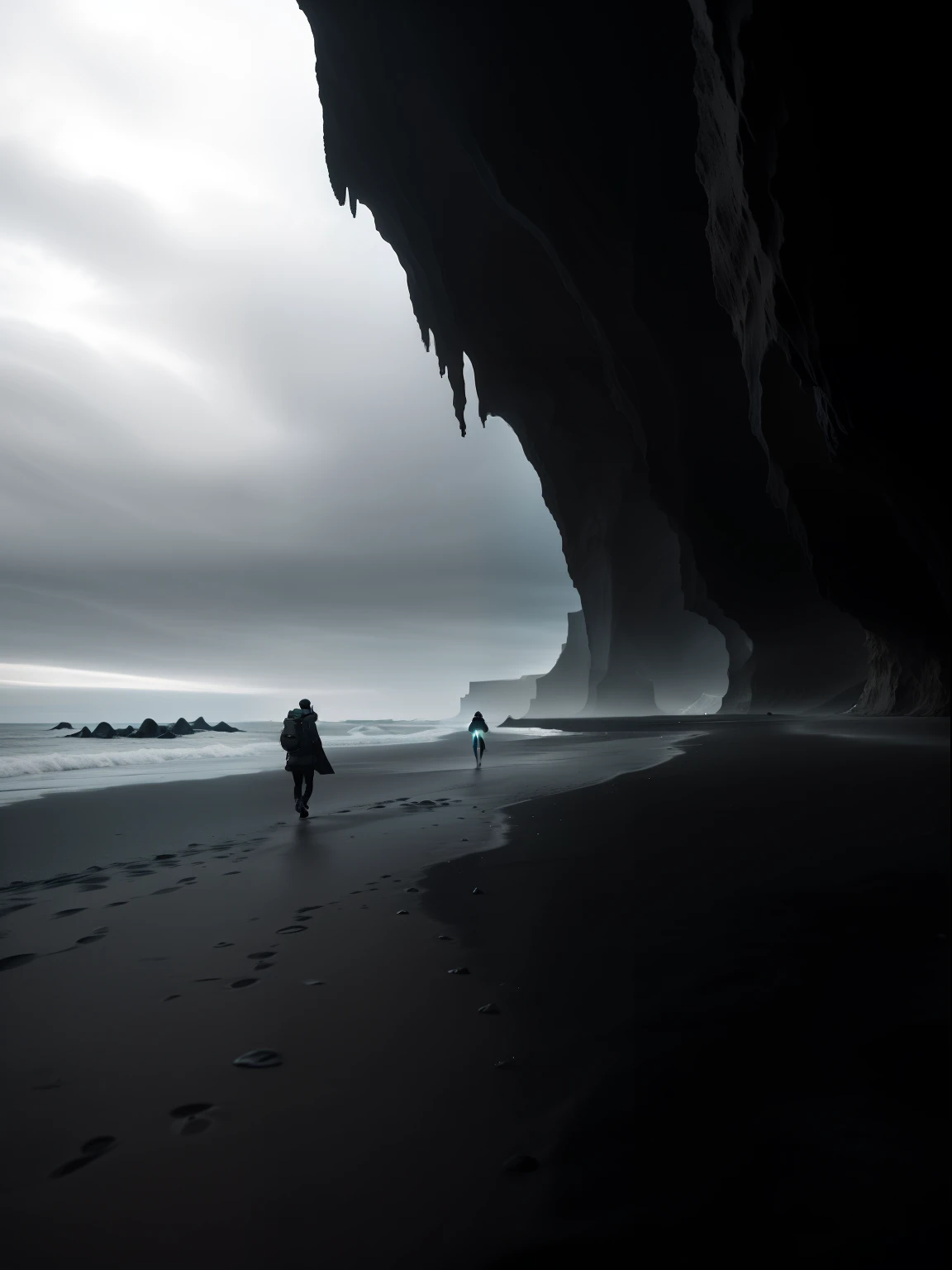 Two people walking on the beach near the water's edge, beautiful dark beach landscape, Beautiful dark landscape, Beautiful dark eerie scenery, sci-fi of iceland landscape, beach surreal photography, lost in a cave, iceland, Inspired by Michal Karz, Lost in the void, alien breathtaking landscape, Enter the unknown, inspired by Michał Karcz, Black sand