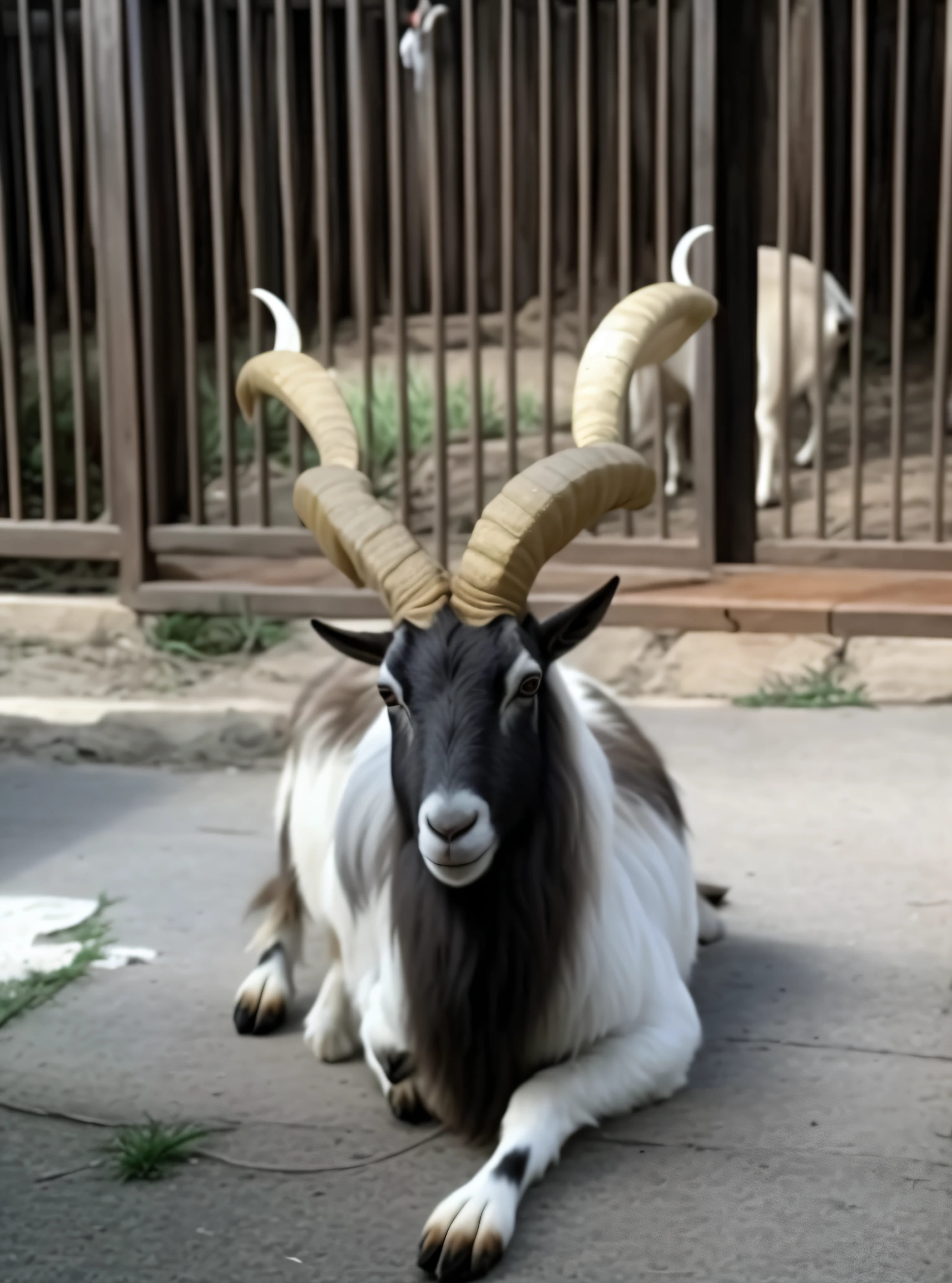 There are goats lying on the street, horned long tail, Goat horns, Goat horns on his head, The strangest hybrid animals, Impressive horns, large horned tail, Goat body, Horned, goat, Giant horns, with horns, horns on head, real picture taken in zoo, he has an elongated head shape