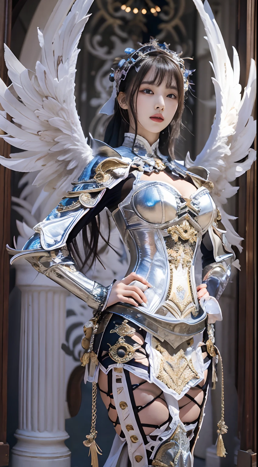 best qualtiy，Refined face，25岁少女，Slim figure，Sexy revealing silver armor，Miniskirt made of silver metal，Larger bust，Huge white angel wings，cyber punk perssonage，sci-fy，Sexy revealing figure