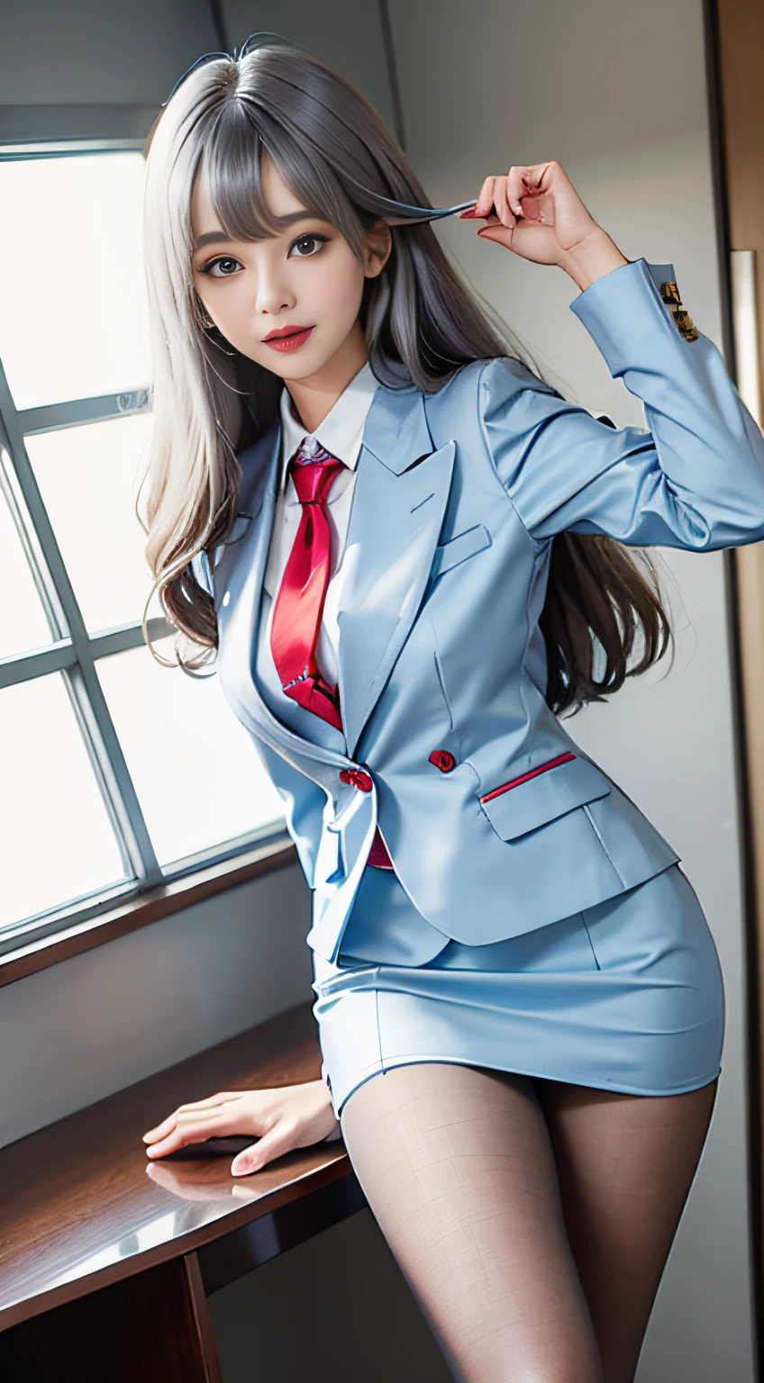 (Girl Standing In Big Office)、((posterior view)), Silver hair, Bangs, Blunt bangs, long straight hair, aqua eyes, longeyelashes, Solid Circle Eyes, makeup, Open mouth, blush, Parted lips, Bright pupils, smiley, Seductive smile, glint, surrealism, Modern,Career Woman、Light blue jacket、white shirt、red necktie、Black tight skirt、Black pantyhose、high-heels