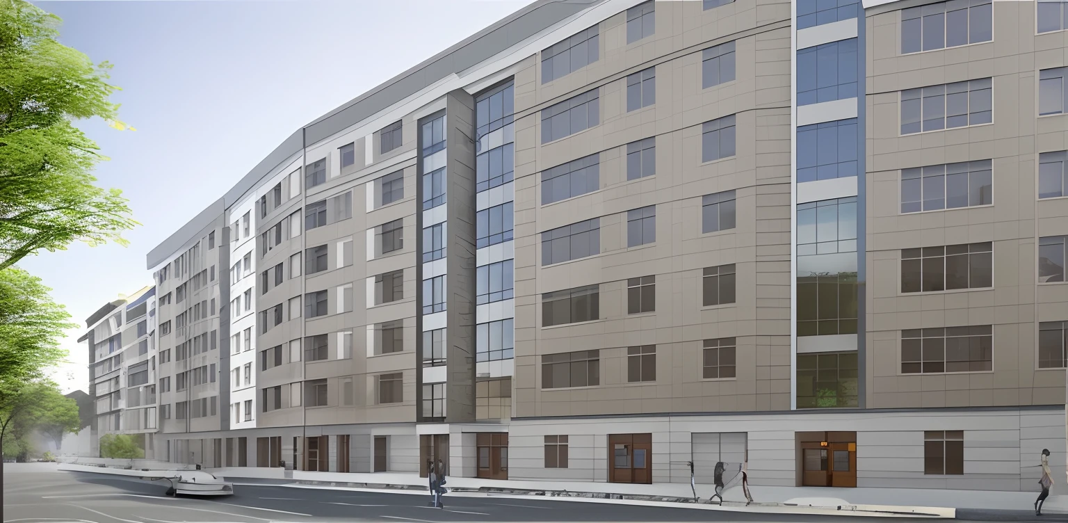 Rendering of a large building with many windows and sidewalks, full building, building facing, wide angle exterior 2022, multistory building, building rendering, mid view, A digital rendering, front elevation view, Perspective view, elevation view, mantra rendering, realistic building, rendering of checkmate, architectural render, pre-rendered, A digital rendering