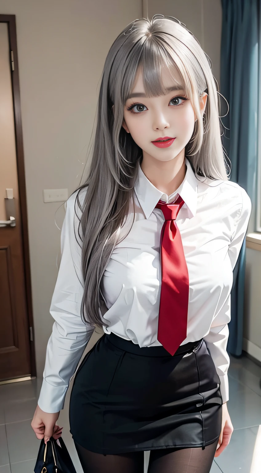 （Girl Standing In Big Office）、（（posterior view））, Silver hair, Bangs, Blunt bangs, Long straight hair, （side poneyTail）aqua eyes, longeyelashes, Solid Circle Eyes, makeup, Open mouth, blush, Parted lips, Bright pupils, smiley, Seductive smile, glint, surrealism, Modern,Career Woman、white  shirt、red necktie、Black tight skirt、Black pantyhose、high-heels
