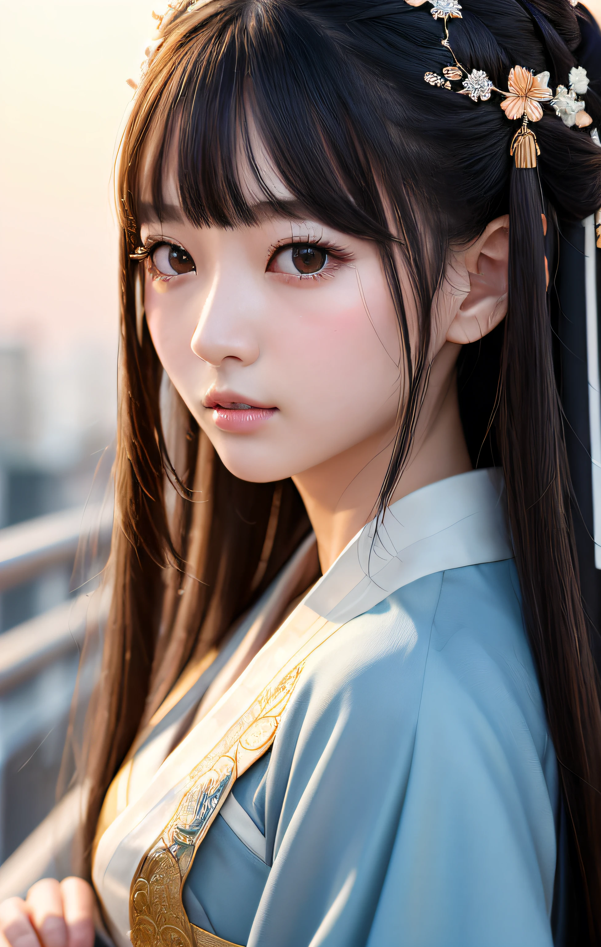 Girl walking in Shinjuku at sunset、best qualtiy、masterpiece、illustratio、extremely delicate and beautiful、A highly detailed、CG、unification、8K wallpapers、astonishing、Exquisite details、masterpiece、best qualtiy、Official Art、Highly detailed CG unity 8k wallpapers、Ridiculous、Incredibly ridiculous、huge filesize、ultra-detailliert、hight resolution、ighly detailed、a beautiful detailed girl、extremely detailed eye and face、beatiful detailed eyes、Facial light、(Hanfu:1.1)、女の子 1 人