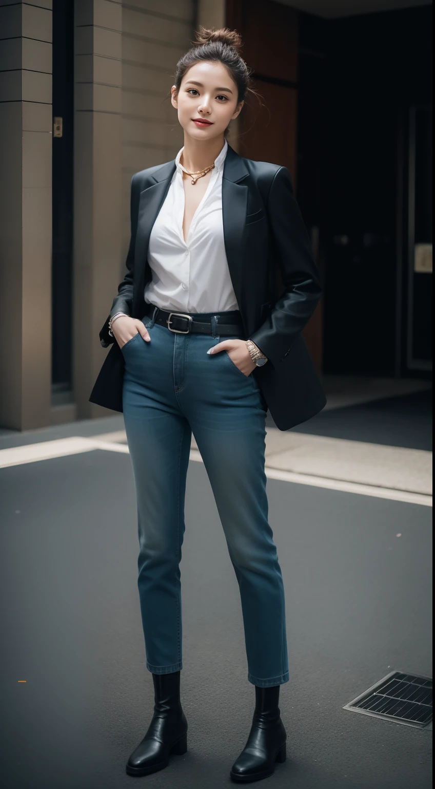 （8K分辨率，Full-body photos），（1womanl，age 22，（（rosto magro，Flushed face，delicated face，详细的脸），Slightly squinted eyes，Seductive smile，（Single ponytail，Long hair micro-curls）），Fair smooth skin，（Best Skin Type：1.21），busty figure，（（Bespoke slim suit，White shirt，No underwear，vacuum，Free bumps，denim pant，leather boots（High-grade materials，Light and breathable），Thin leather belt，Metal necklace，jewely），Tall and tall，（dancing posture，Naturally placed hands），delicate artwork，perfect hand，Ultra-fine clothing material），（Urban street background，Shuttling crowds，Exquisite setup details），（Professional lighting，Artistic lighting），（（Dress neutrally，Material contrast，Contrast in fit，Color contrast，Uniform tones，））），（Golden section，Cinema lenses，Hasselblad photograp，tmasterpiece：1.3），（advanced art，High-end street wear，Official propaganda，Art platform）