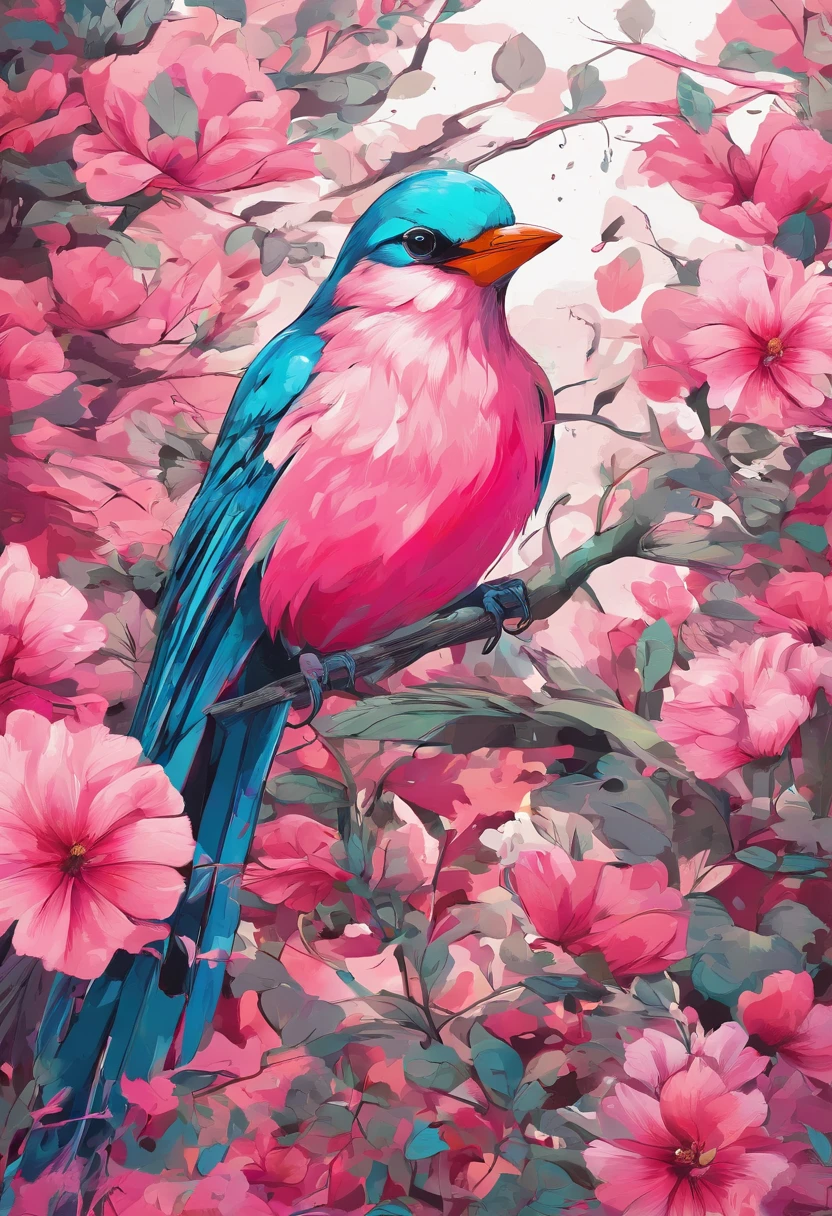 A bird remains in pink flowers(The bird:1.5),Take pollen,The colors are eye-catching,Sharp