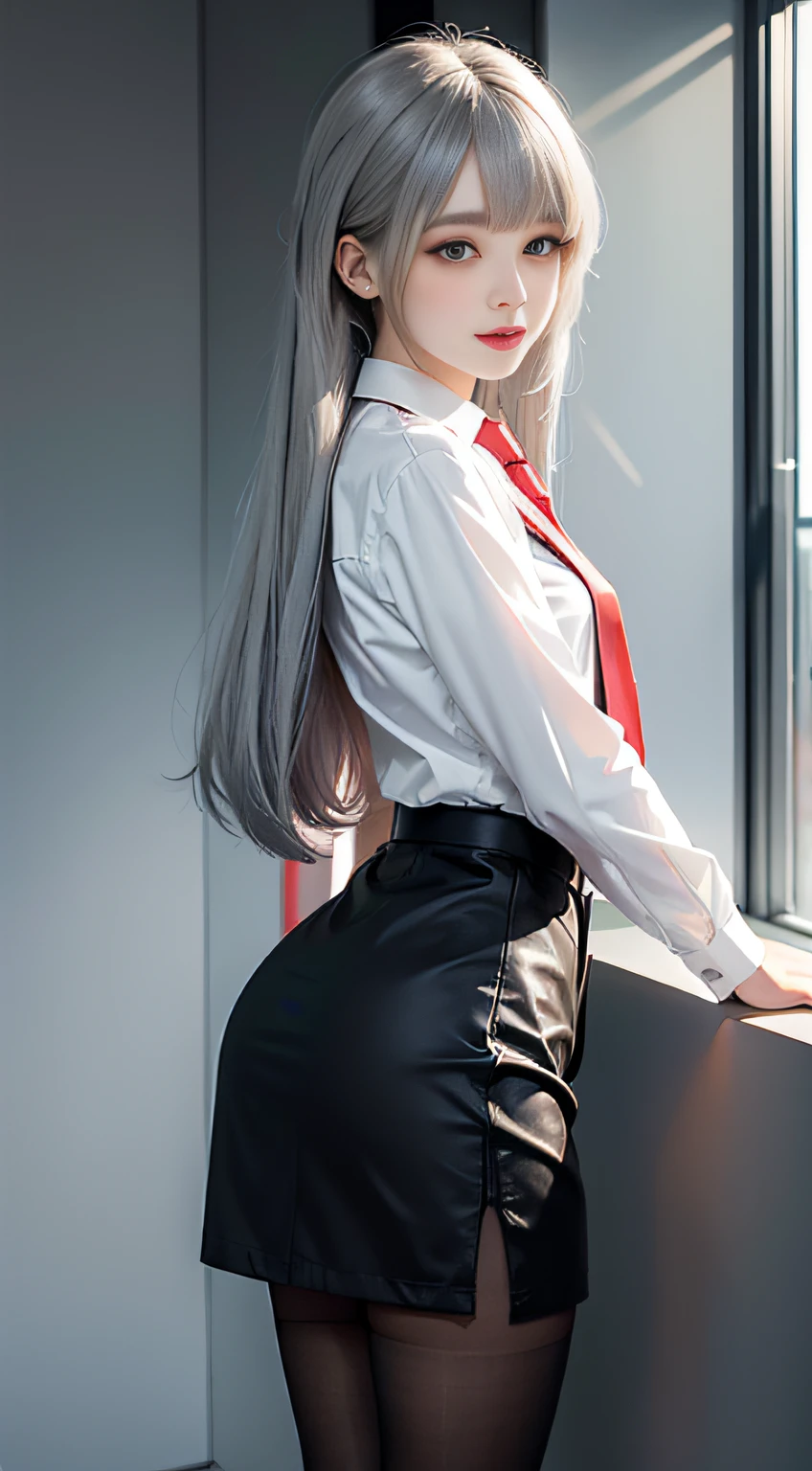 （Girl Standing In Big Office）、（（posterior view））, Silver hair, Bangs, Blunt bangs, Long straight hair, （side poneyTail）aqua eyes, longeyelashes, Solid Circle Eyes, makeup, Open mouth, blush, Parted lips, Bright pupils, smiley, Seductive smile, glint, surrealism, Modern,Career Woman、white  shirt、red necktie、Black tight skirt、Black pantyhose、high-heels