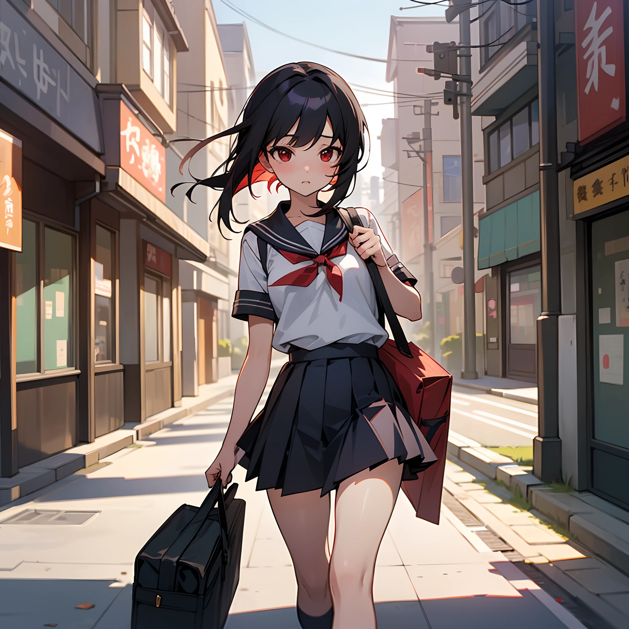 This is a picture of a school girl walking in the streets, masterpiece, 8k, very highly detailed street background, extremely detailed, anime style, shops, day time, japanese school uniform, miniskirt,cute, tsundere, black hair, dark red eyes, busy street, people in the street
