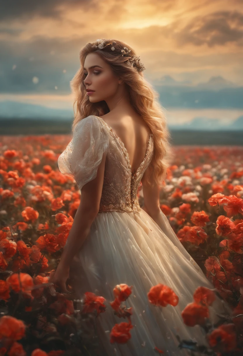 There is a woman standing in a flower field in the rain, a goddess in a field of flowers, karol bak uhd, Girl in flowers, Flower storm portrait, Girl front in the flower field, Beautiful Ultra HD 4K art, girl in a flower field, in a field of flowers, woman in flowers, Highly Detailed 4K Digital Art