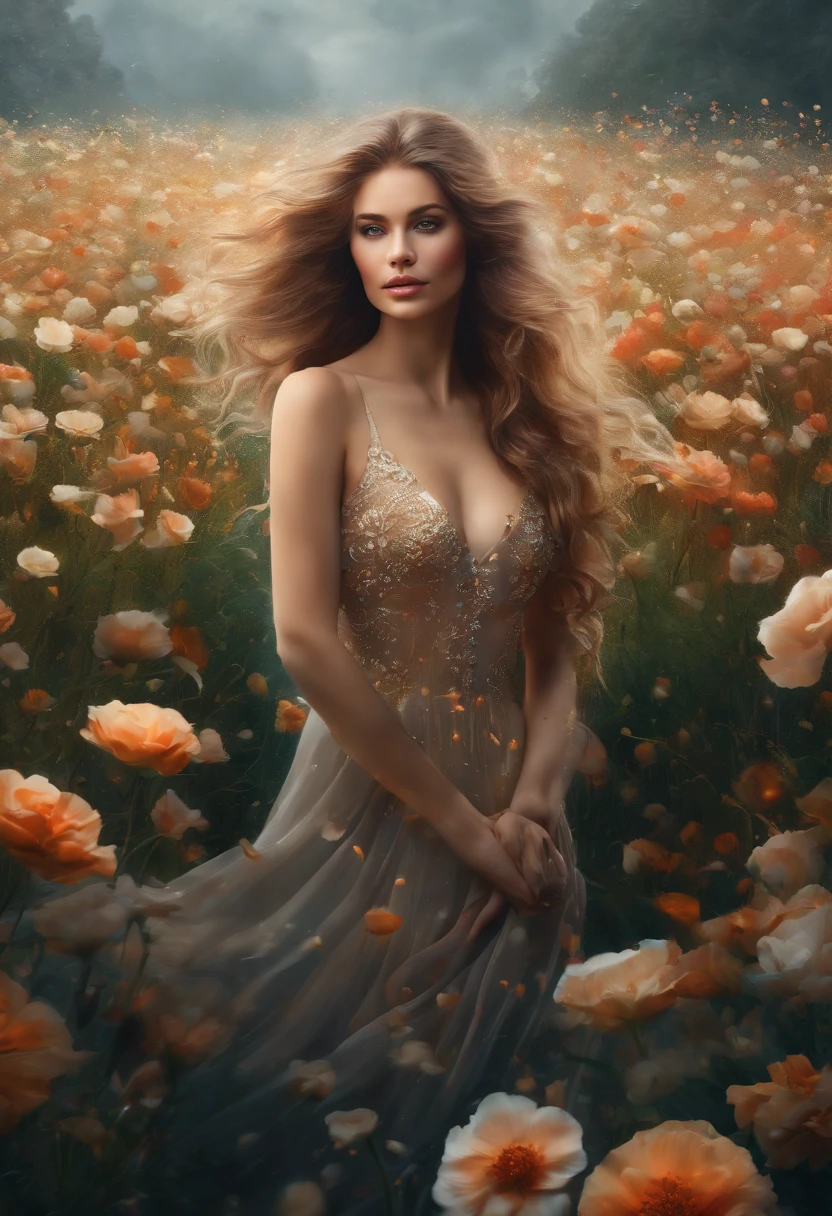 There is a woman standing in a flower field in the rain, a goddess in a field of flowers, karol bak uhd, Girl in flowers, Flower storm portrait, Girl front in the flower field, Beautiful Ultra HD 4K art, girl in a flower field, in a field of flowers, woman in flowers, Highly Detailed 4K Digital Art