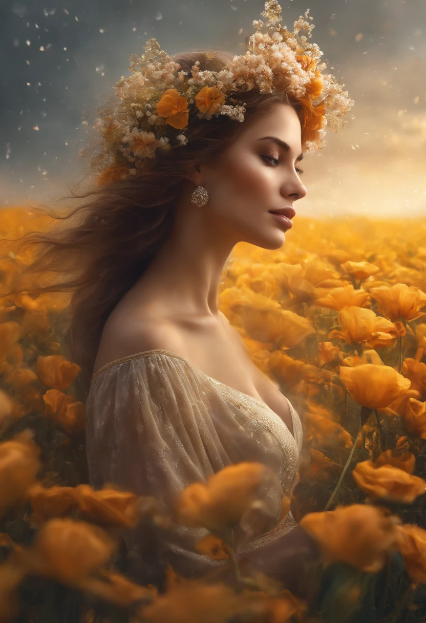 There is a woman standing in a flower field in the rain, a goddess in a field of flowers, karol bak uhd, Girl in flowers, Flower storm portrait, Girl front in the flower field, Beautiful Ultra HD 4K art, girl in a flower field, in a field of flowers, woman in flowers, Highly Detailed 4K Digital Art