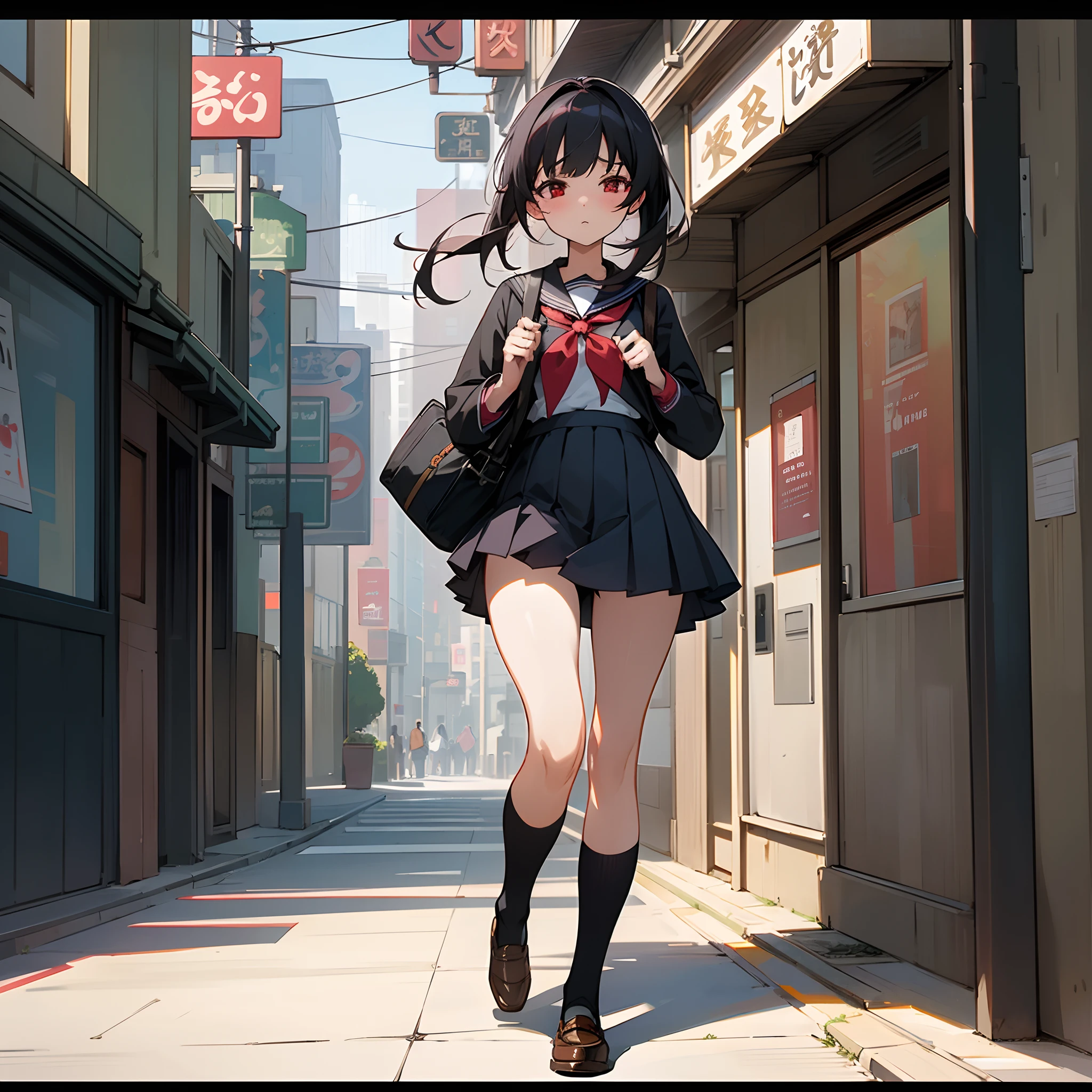 This is a picture of a school girl walking in the streets, masterpiece, 8k, very highly detailed street background, extremely detailed, anime style, shops, day time, japanese school uniform, miniskirt,cute, tsundere, black hair, dark red eyes, busy street, people in the street