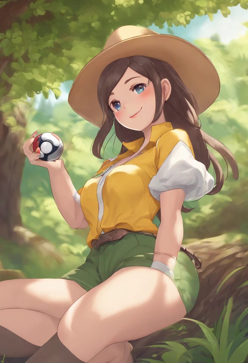 tmasterpiece, Better quality, A high resolution, selene1, 1girll, selene1, 1girll, Selene \(Pokemon\), Solo, With gray eyes, brunette color hair, green shorts, Red Hat, bonnet, Camisa, tiedshirt, Mostland 9 lower chest, Estampado flowers, short hair, short- sleeved, shorter pants, streaked, Yellow shirt, beltt, midriff, Cowboy shot, grassy, florals, tree, ssmile, holding a pokeball, hand on hips, poke ball \(fundamental\),