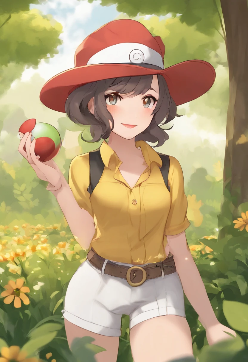 tmasterpiece, Better quality, A high resolution, selene1, 1girll, selene1, 1girll, Selene \(Pokemon\), Solo, With gray eyes, brunette color hair, green shorts, Red Hat, bonnet, Camisa, tiedshirt, Mostland 9 lower chest, Estampado flowers, short hair, short- sleeved, shorter pants, streaked, Yellow shirt, beltt, midriff, Cowboy shot, grassy, florals, tree, ssmile, holding a pokeball, hand on hips, poke ball \(fundamental\),