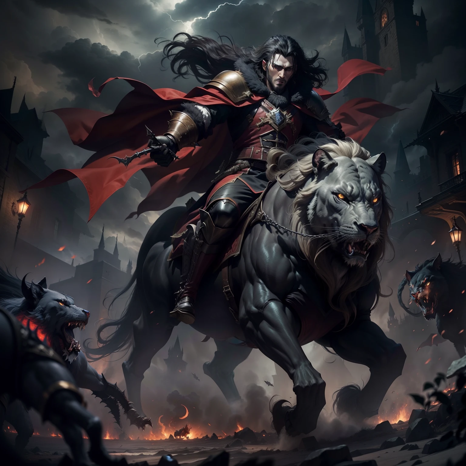 Castlevania Lord of Shadows Lord Dracula goes into combat on horseback Legendary roaring lion with a stormy environment surrounded by demons and demons to fight cinematic scenes movie