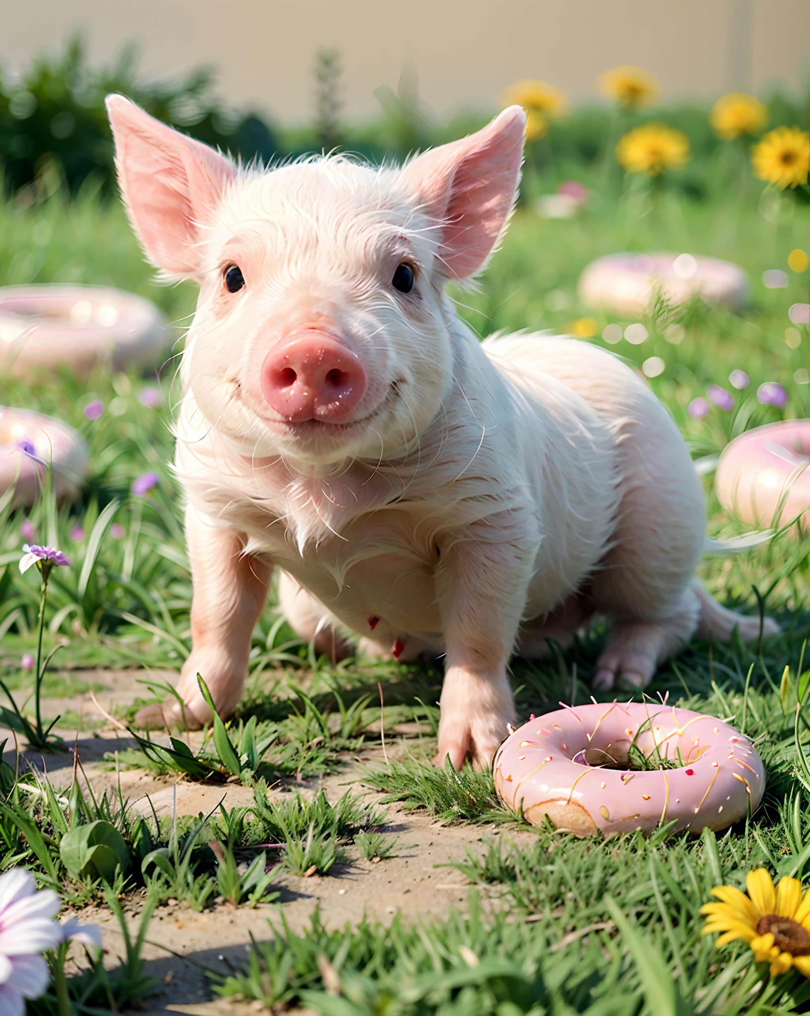 Peppa Pig on the grass，The ultimate porco pink，donut，The meadows are full of flowers