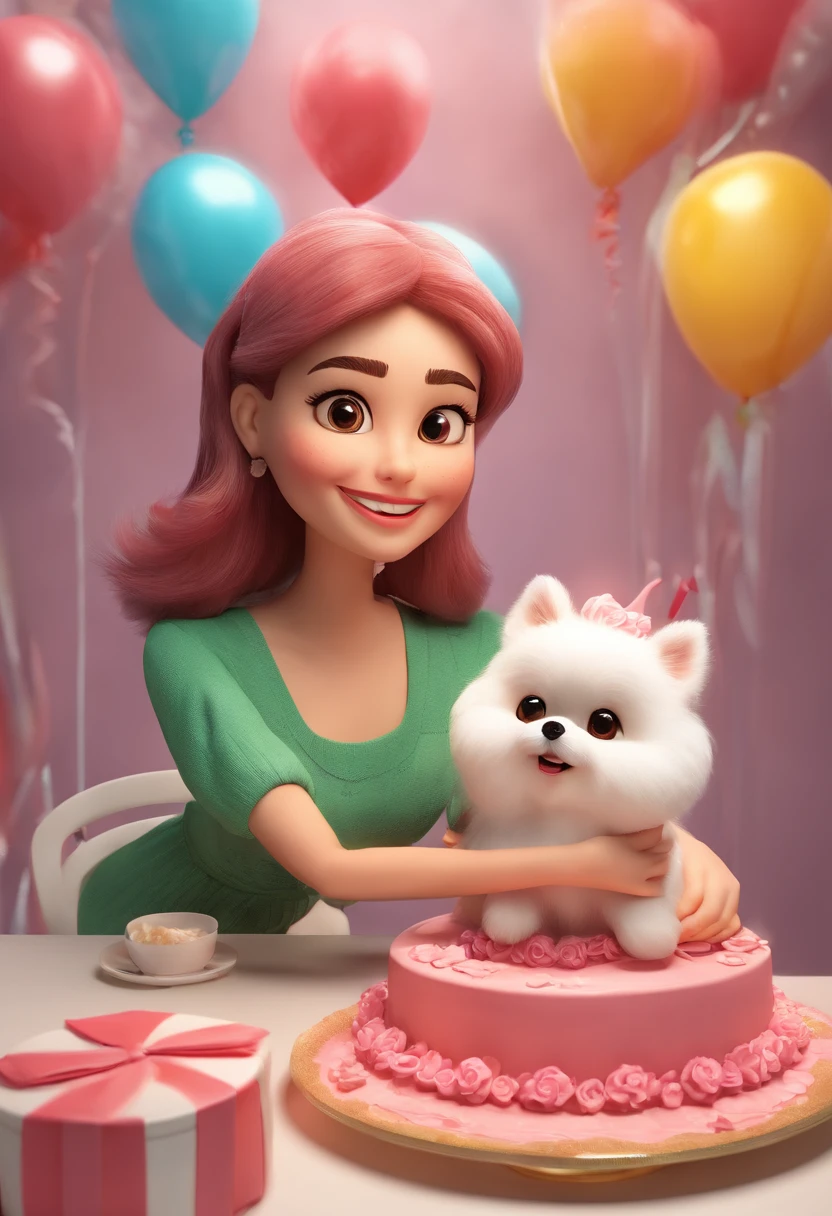 The woman is sitting on the sofa with a small white Pomeranian crawling on her lap.., in front of a birthday cake, Make a wish on the birthday cake, Celebrating his birthday, she is about 1 6 , piel blanca, rasgos faciales delicados