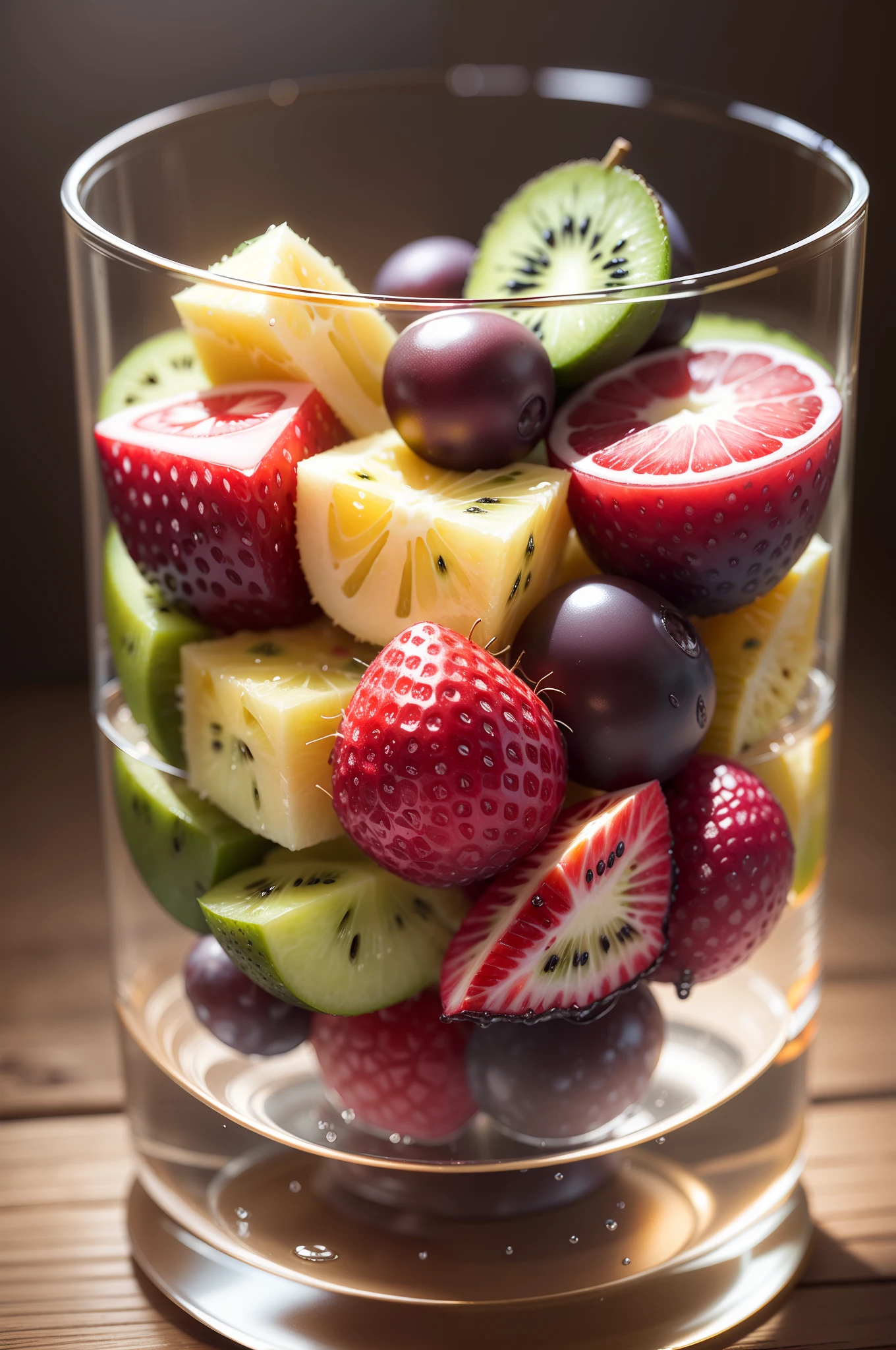 tmasterpiece，Fruit and ice cubes in clear glass，morango，grapes，kiwi fruit，Berry，pineapples，（ice cubes），（Hyper-realistic:1.3）