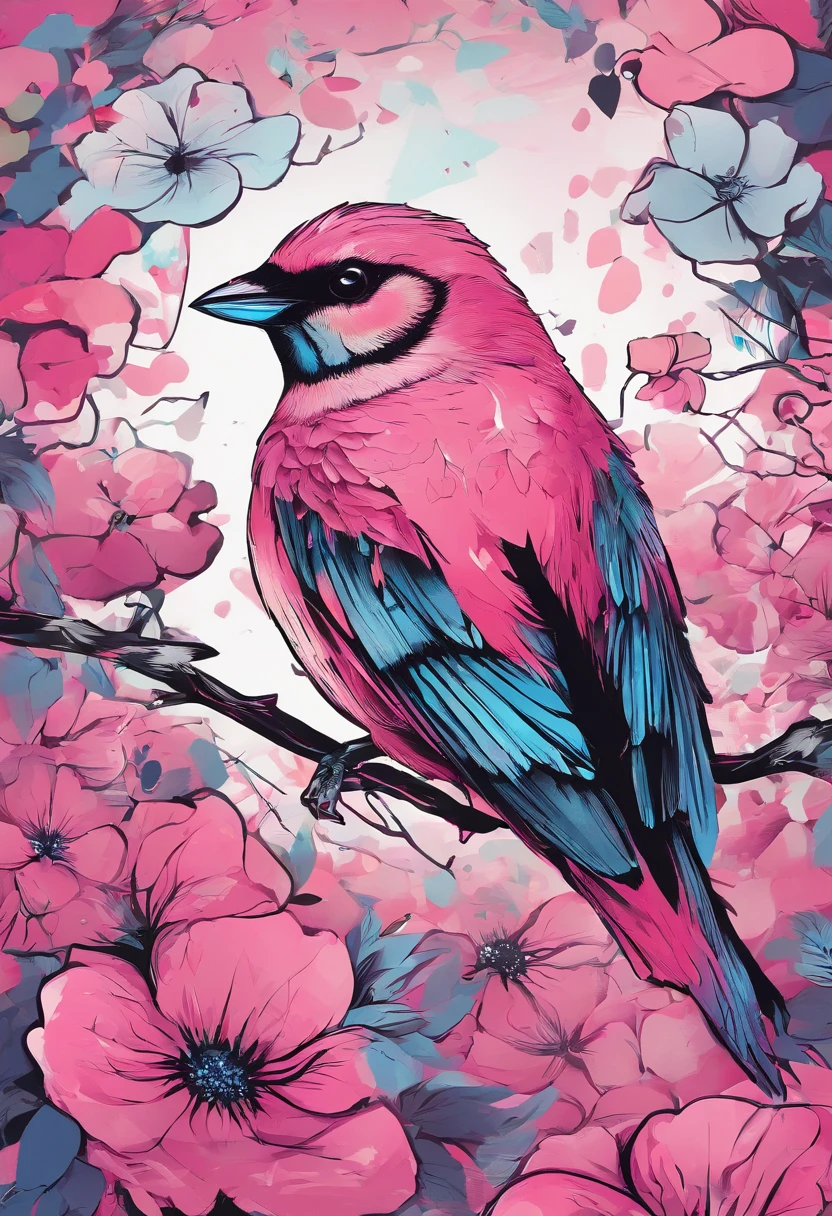 A bird remains in pink flowers(The bird:2.0),Take pollen,The colors are eye-catching,Sharp