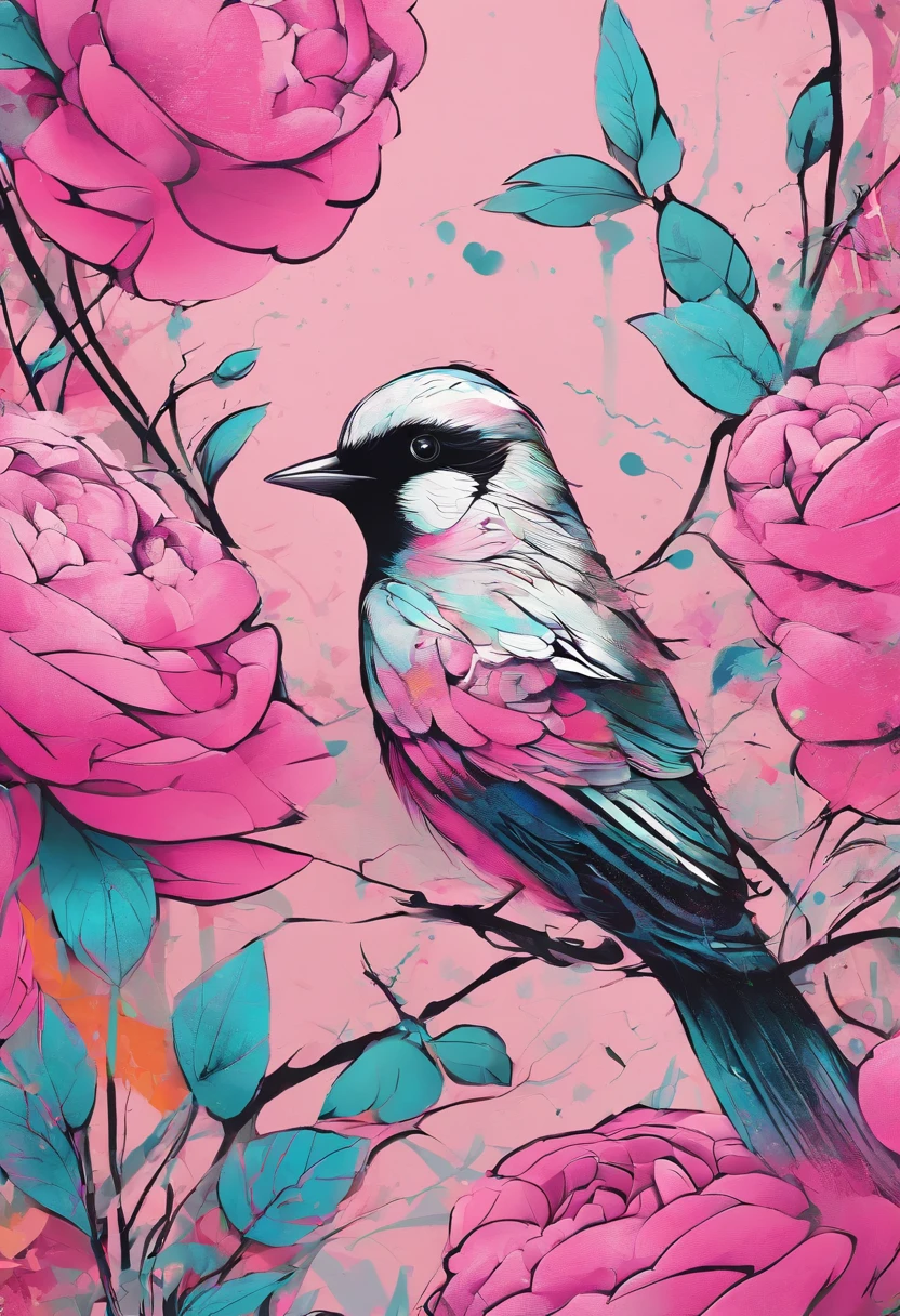 A bird remains in pink flowers(The bird:2.0),Take pollen,The colors are eye-catching,Sharp