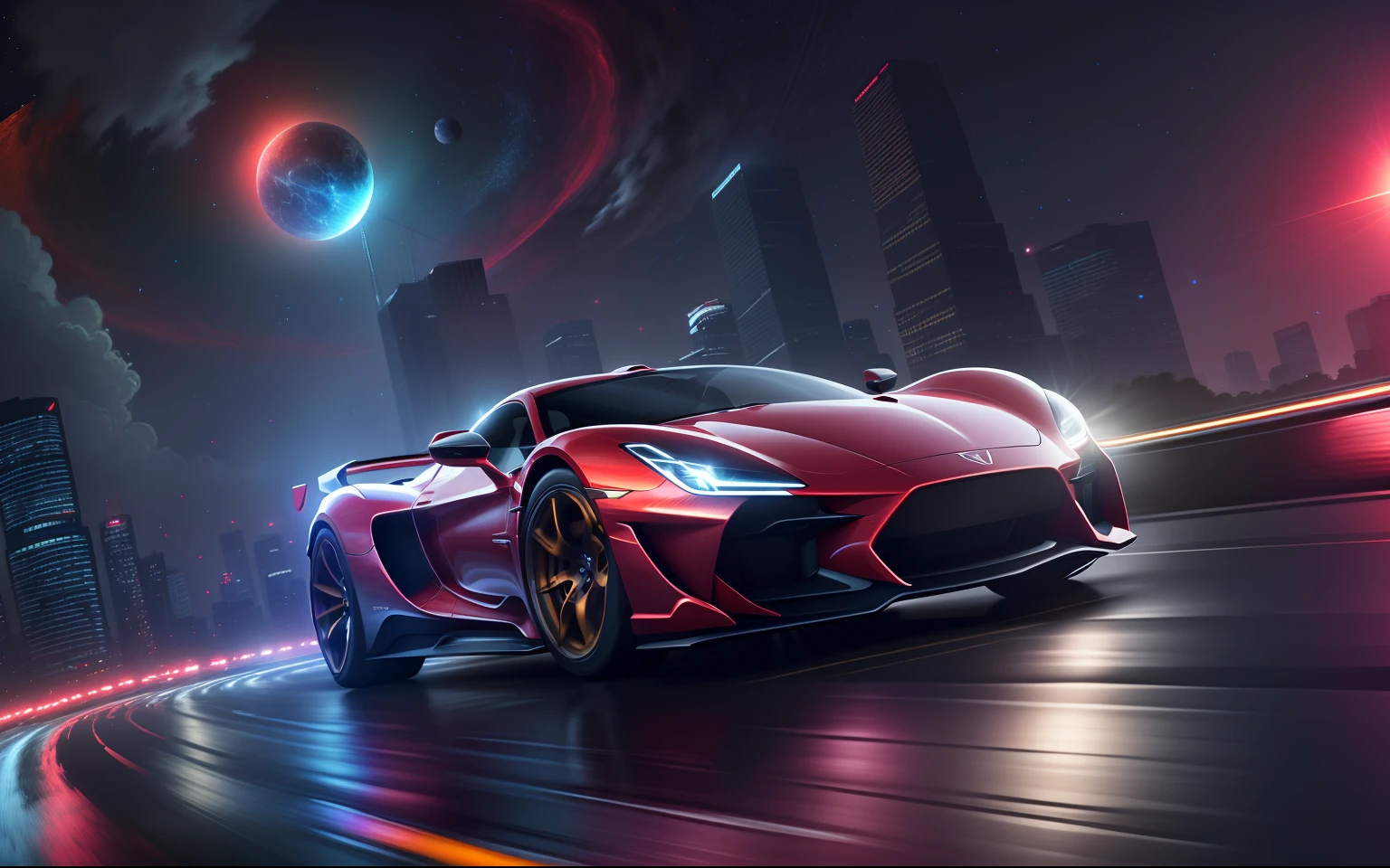 A red sports car speeding through the city at night,((best quality)), ((masterpiece)), ((realistic)), (hyper detailed), Conveyance, Fins, Luminite, Symmetrical, Etched Details,, Cosmic Web,Cosmic Inflation,Celestial Map,Celestial Parallax ((masterpiece)), 8K, HDR,