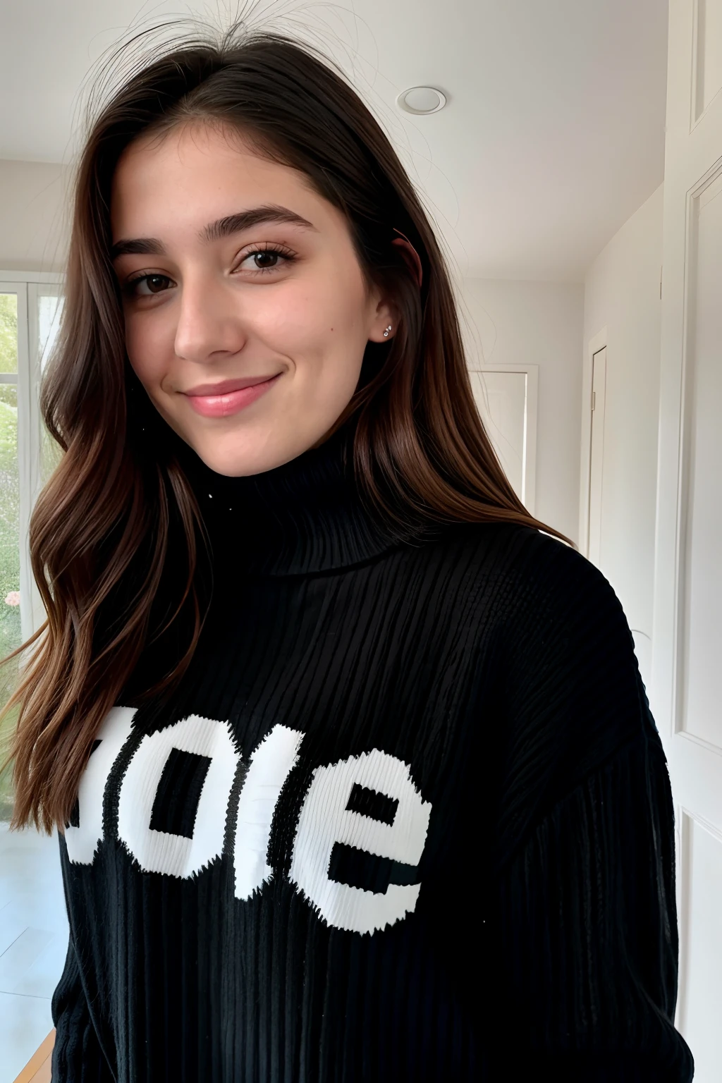 Instagram-Foto, Nahaufnahme Gesicht Foto von 23 Y.o Chloe im schwarzen Pullover, Spaltung, blasse Haut, (smil:0.4), Harte Schatten