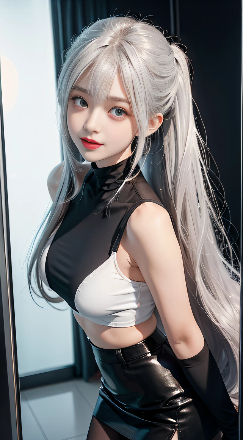 （Girl Standing In Office Changing Room）、（（posterior view））, Silver hair, Bangs, Blunt bangs, Long straight hair, （side poneyTail）aqua eyes, longeyelashes, Solid Circle Eyes, makeup, Open mouth, blush, Parted lips, Bright pupils, smiley, Seductive smile, glint, surrealism, Modern,Career Woman、）Roh（white  shirt、off shoulders）、Black tight skirt、Black pantyhose、high-heels、(White loose crop top, Black tight skirt: 1.6)