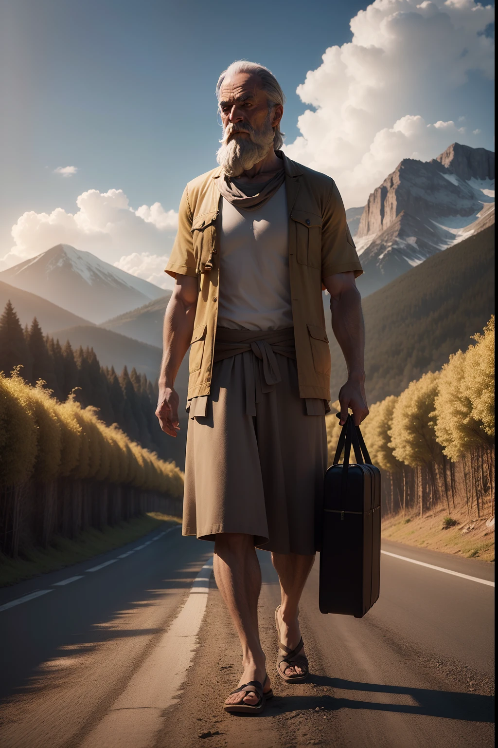 Diogenes walking on a long road between mountains and forests, com o sol a sua frente como guia. Realista. 3D , profundidade. Ambiente espiritual.