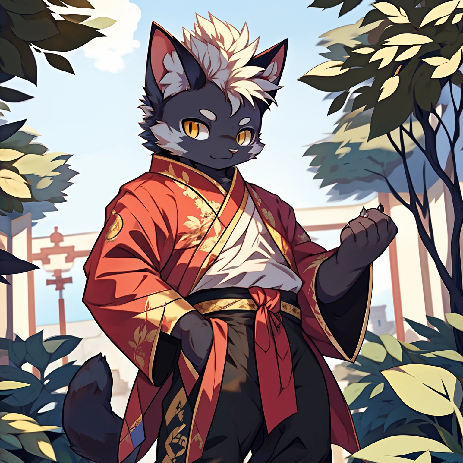 Best quality, Young, 15 year old, Furry, Solo, Male cat: 1.5, Black colored skin:1.3, Black fur:1.3, Yellow eyes, Muscular body, Wearing Chinese robe, Standing in the garden of royal palace, Mohawk hair, Detailed fur, Detailed cloths, Furry animal ears, Humanoid hand, Wearing Chinese style pants.