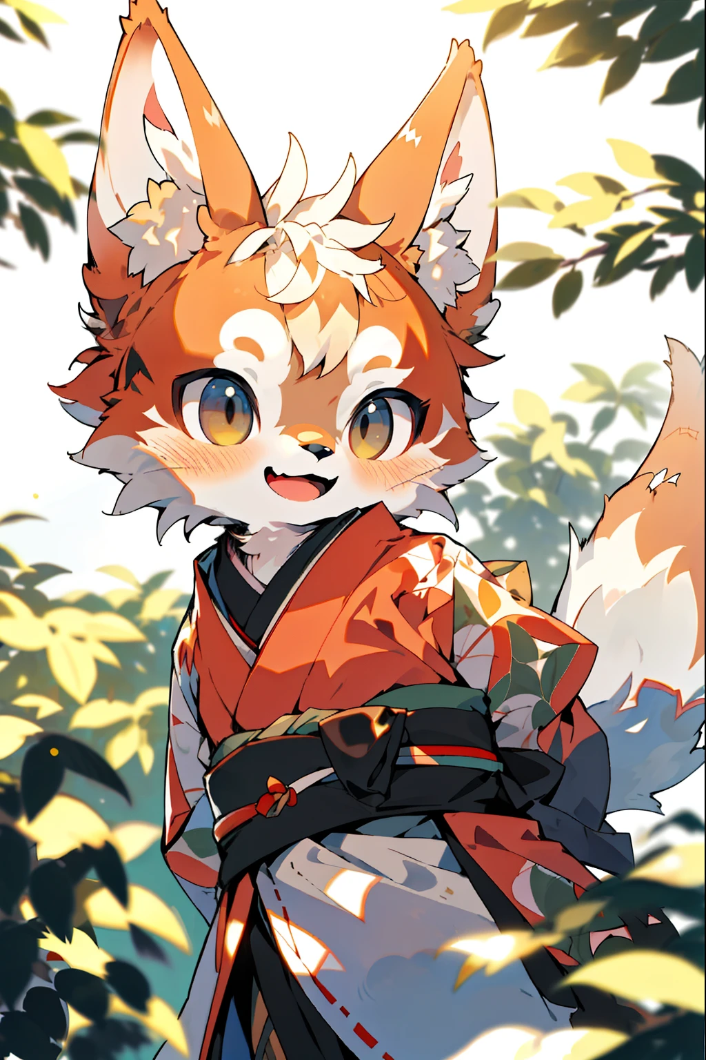 depth of field, perfect lighting, light particles,(best quality),(masterpiece),(ultra detailed),sharp focus,light particles,  niji, eyesgod,  blush, brown_eyes, looking_at_viewer, smile, solo, furry, animal_ear_fluff, open_clothes, arms behind back, upper body, tail, kimono, japanese clothes, sunlight, tree, open mouth,  from below, arms behind back,