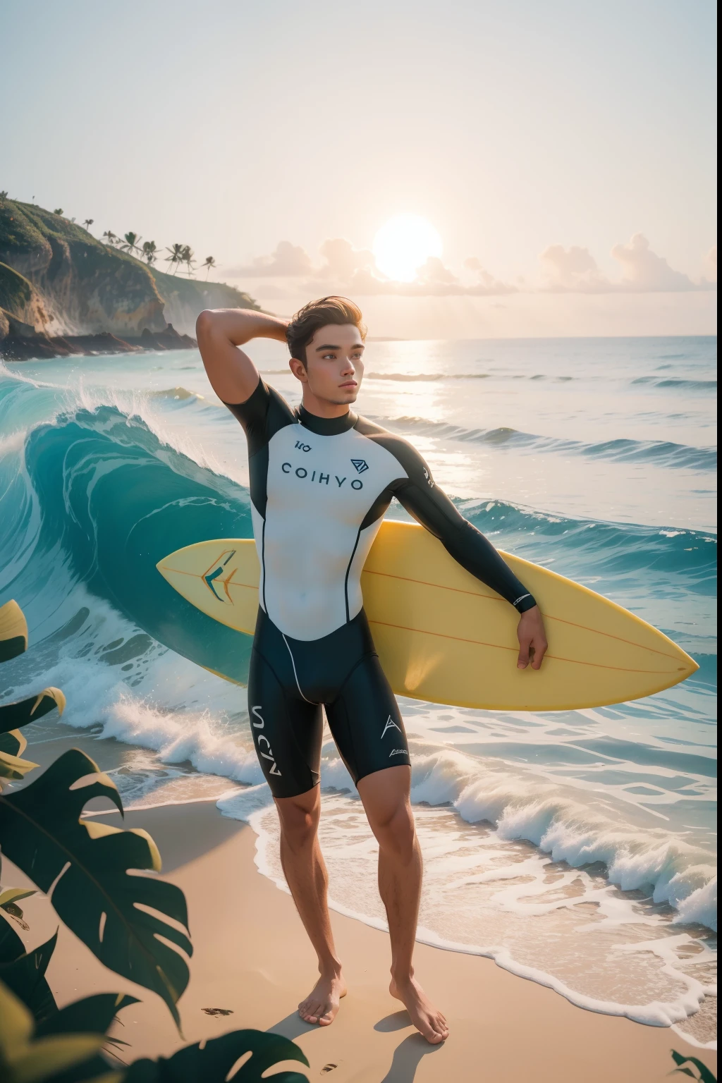 Embrace the Pre-Raphaelite aesthetic to depict a 19-year-old boy with a beard and sun-kissed skin, dressed in modern surfer attire, as he catches a perfect wave on a sunlit, pristine beach during a memorable friends' vacation, the excitement and thrill of the ocean captured in the scene. Modern 2023 clothing.